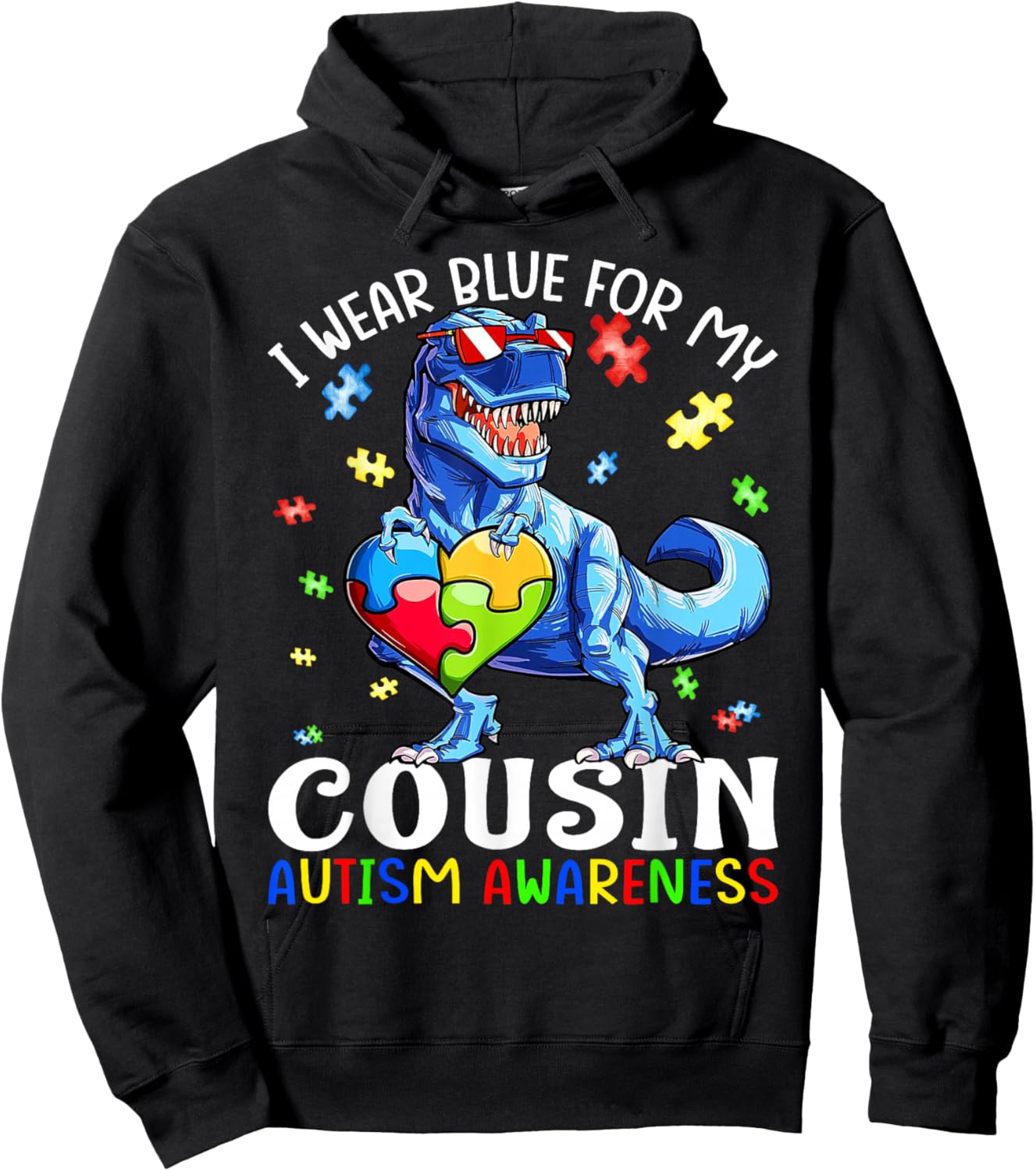 I Wear Blue For My Cousin Autism Awareness Dinosaur T Rex Hoodie - Hoodie | Black