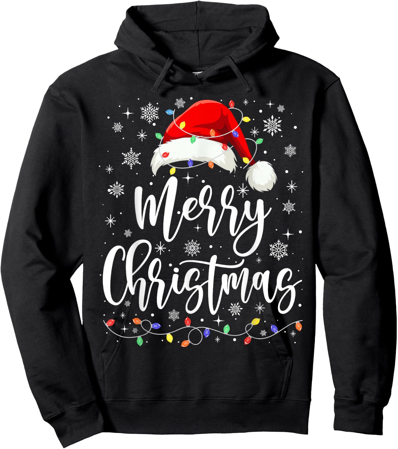 Merry Christmas Lights Red Santa Hat Xmas Family Men Women Hoodie - Hoodie | Black
