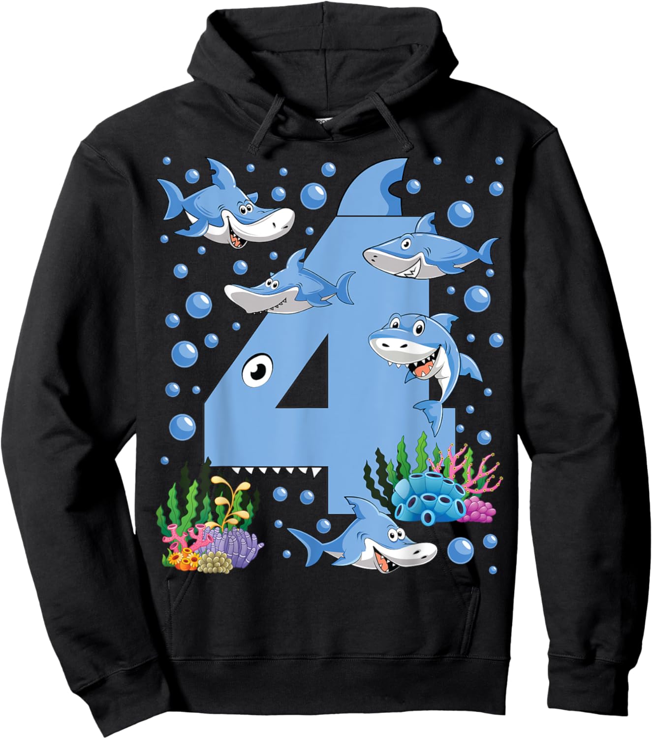 Kids 4 Years Old Shark Ocean Theme 4th Birthday Boy Party Hoodie - Hoodie | Black