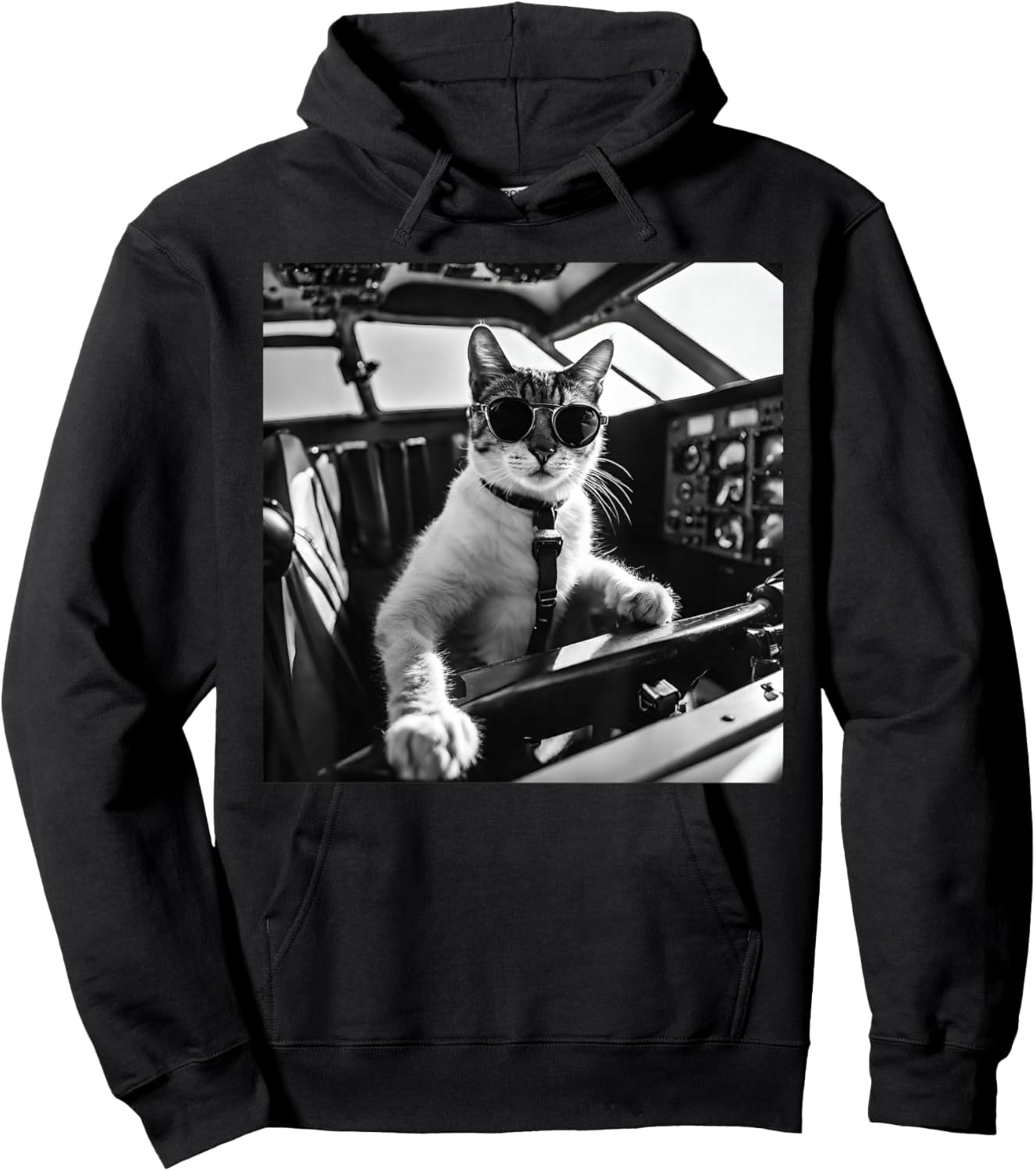 Funny Pilot Cat Wearing Sunglasses Flying A Plane Hoodie - Hoodie | Black