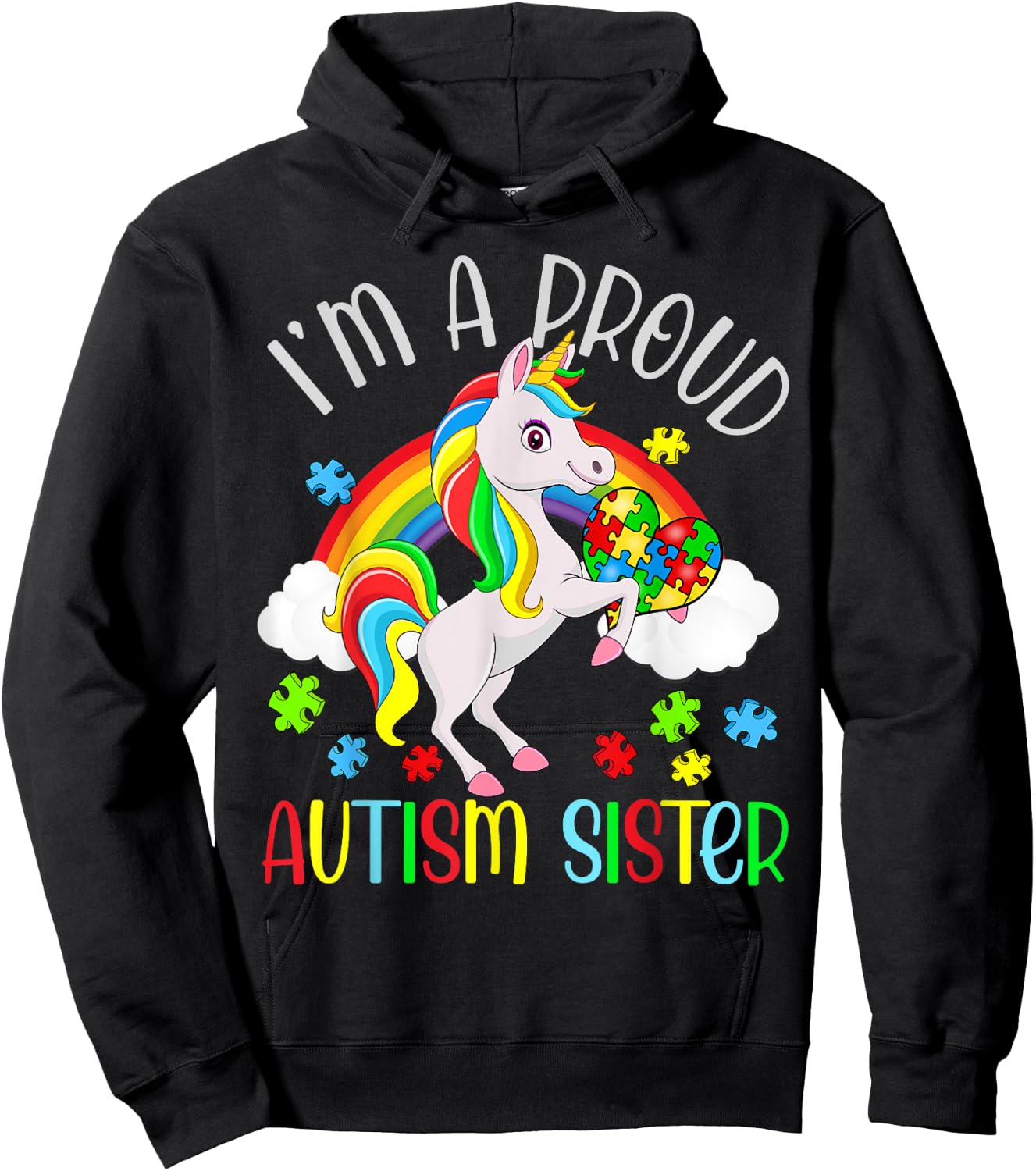 Proud Sister Autism Awareness Cute Unicorn Puzzle Piece Hoodie - Hoodie | Black
