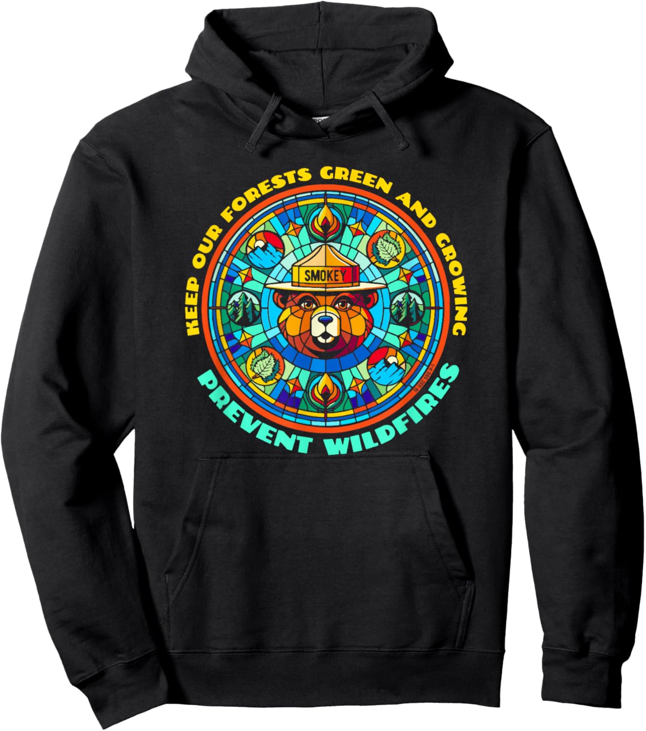 Smokey Bear Stained Glass Art Prevent Wildfires Retro Hoodie - Hoodie | Black