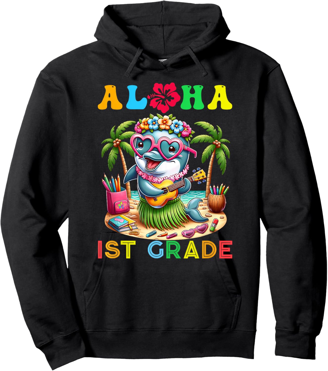 Aloha First Grade Dolphin Hawaii Back to School Kids Girl Hoodie - Hoodie | Black