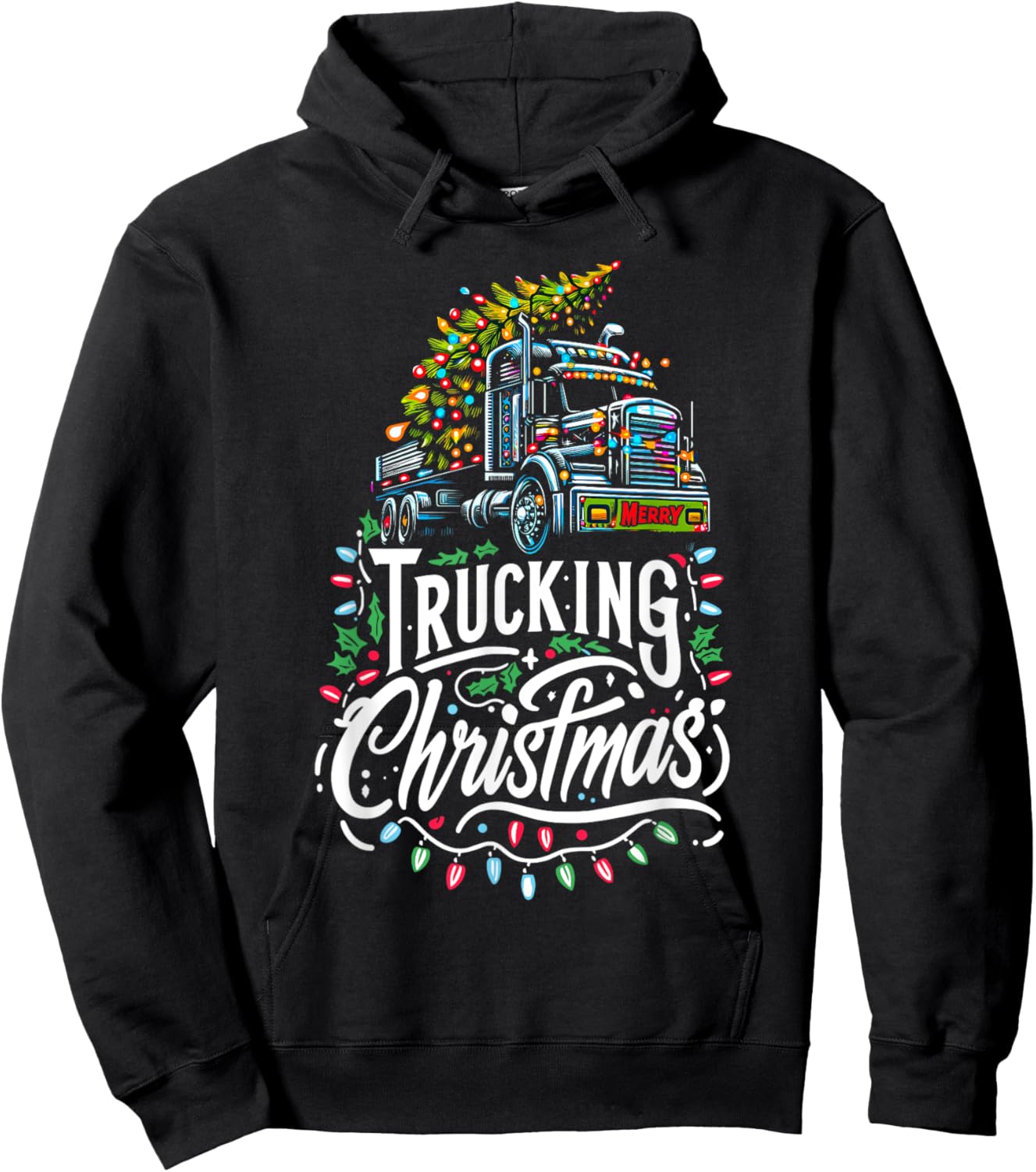 Merry Trucking Christmas Truck Driver Semi-Trailer Trucker Hoodie - Hoodie | Black