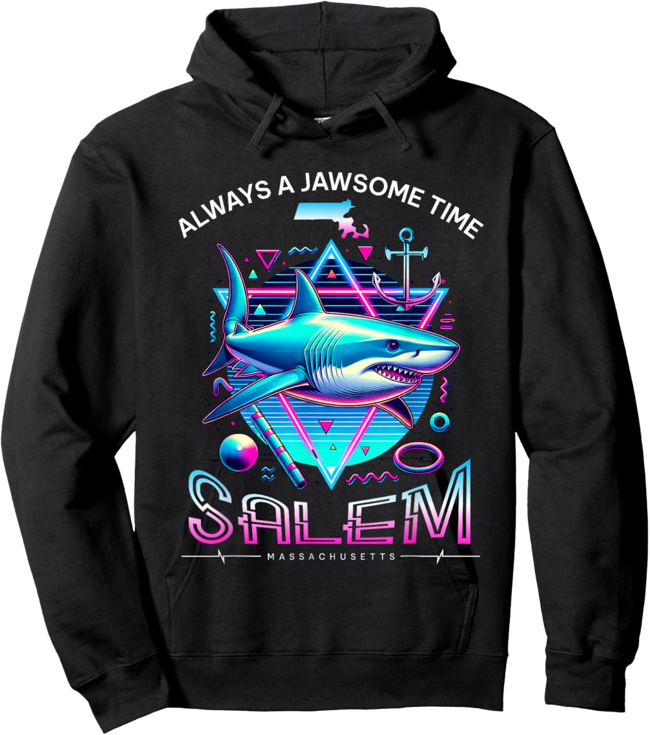 Salem MA Shark Retro 80s Funny Souvenir Hoodie - Hoodie | Black
