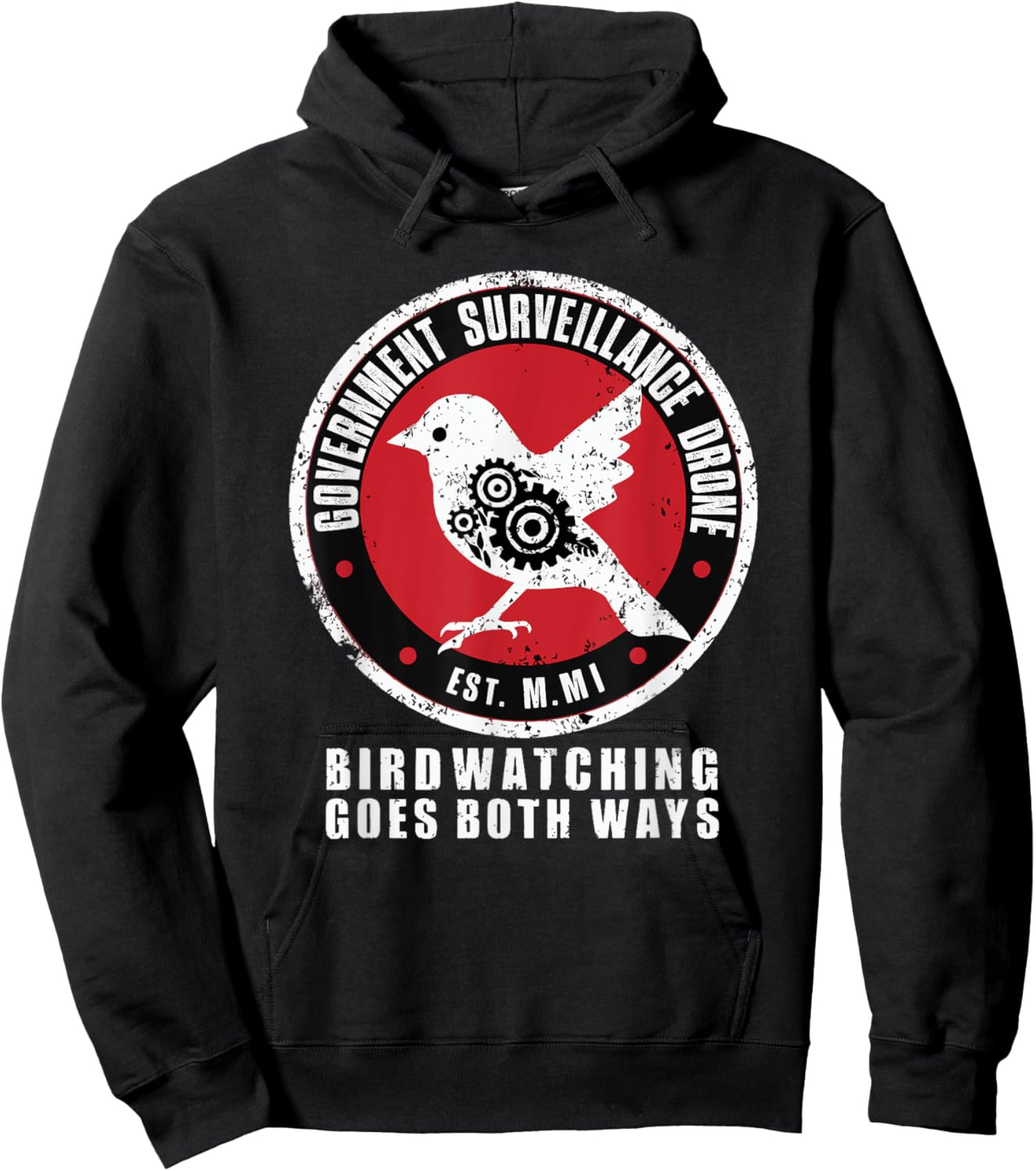 Birdwatcher, Birder & Birding Lover Apparel Satirical Government Surveillance Drone Bird Watcher , Small, Black Hoodie - Hoodie | Black