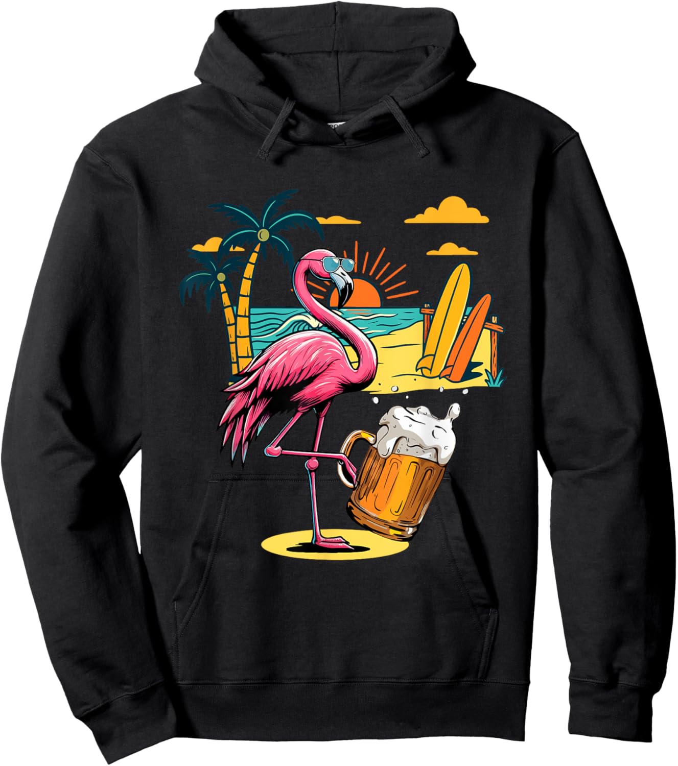 Flamingo Sunglasses Drinking Beer On Beach Funny Summer Hoodie - Hoodie | Black