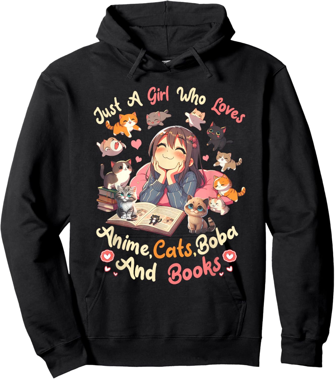 Just Girl Who Loves Anime Cats Boba And Books Bubble Tea Hoodie - Hoodie | Black