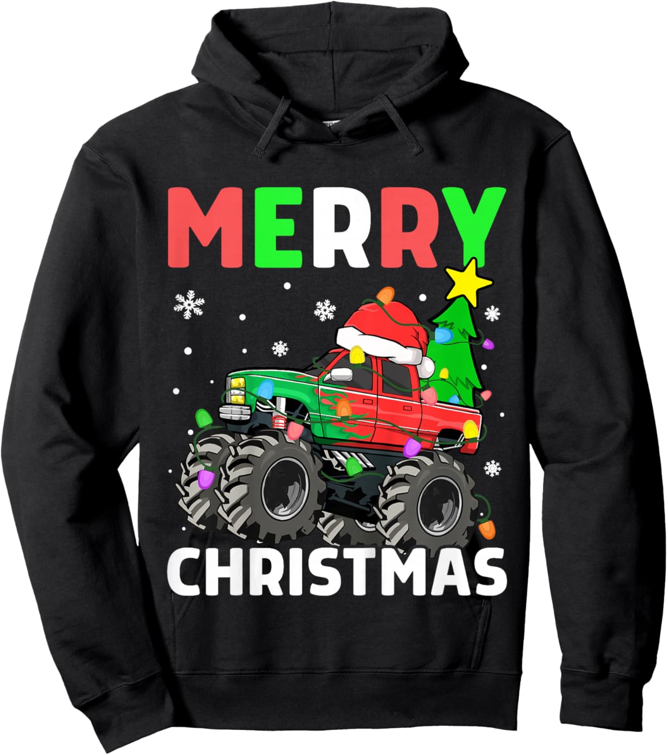Kids Boys Merry Christmas Monster Truck Santa Hat Toddler Kids Hoodie - Hoodie | Black