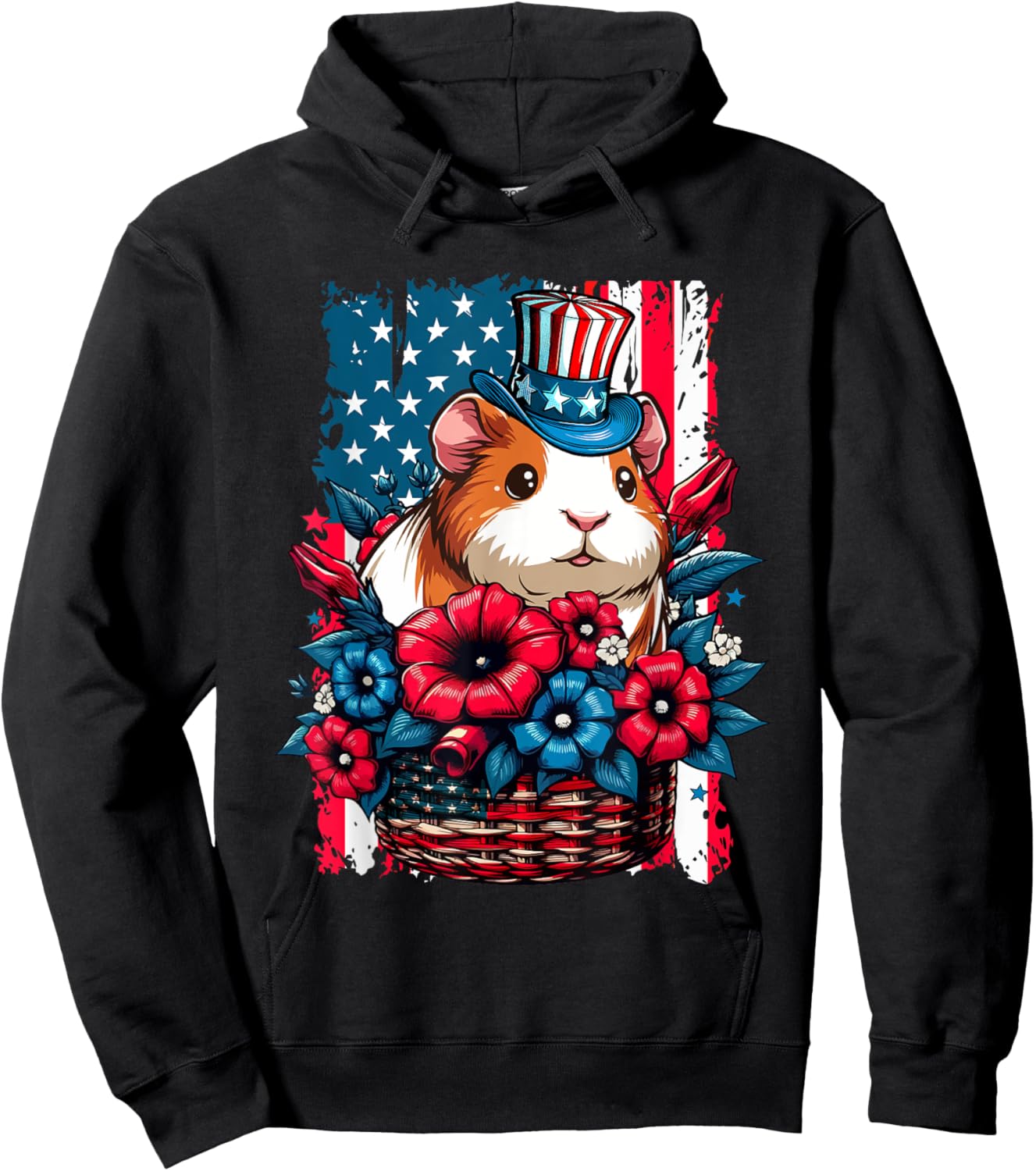 Guinea Pig Inside Flowers Basket 4th July US Flag Patriotic Hoodie - Hoodie | Black