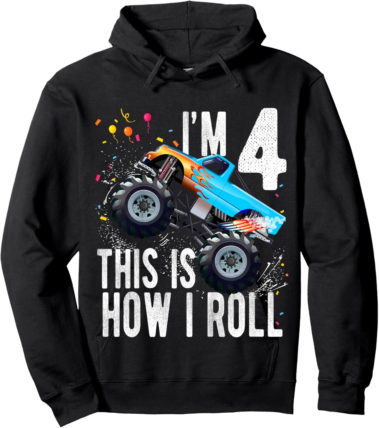 Kids 4 Year Old 4th Birthday Boy Monster Truck Car Hoodie - Hoodie | Black