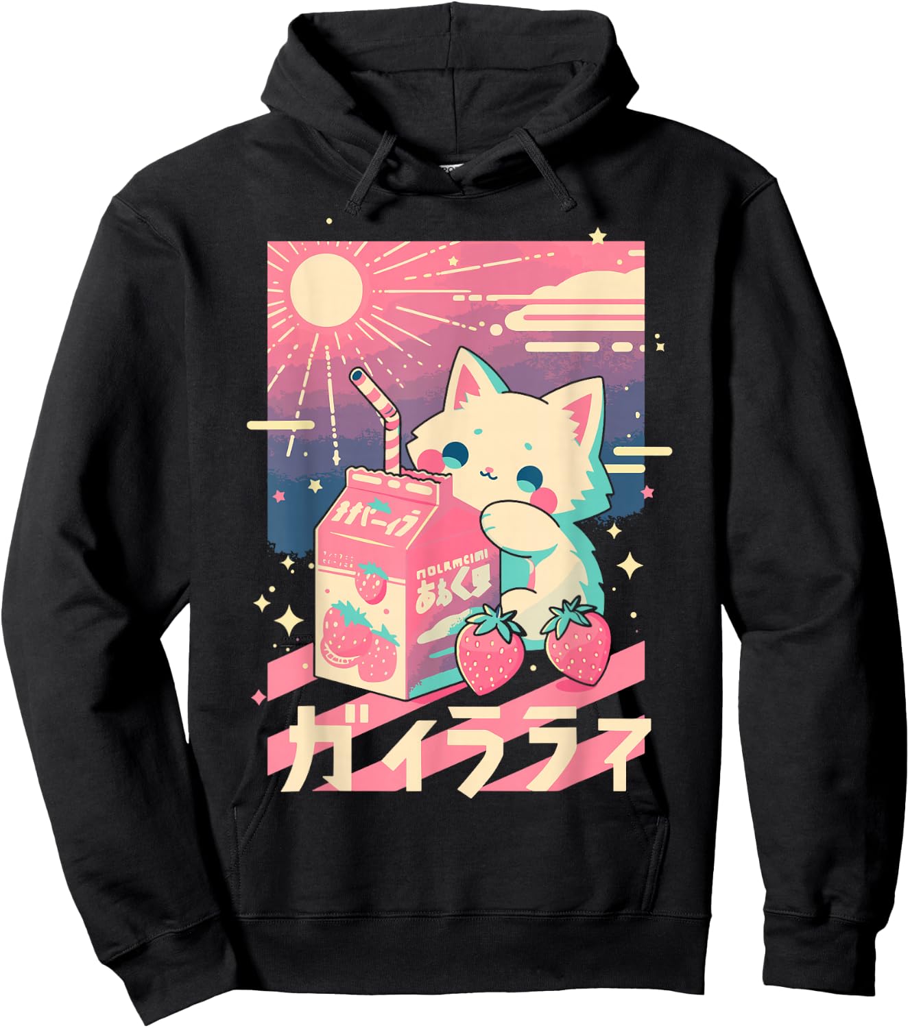 Cat Strawberry Milk Anime 90s Japanese Cat Japan Hoodie - Hoodie | Black