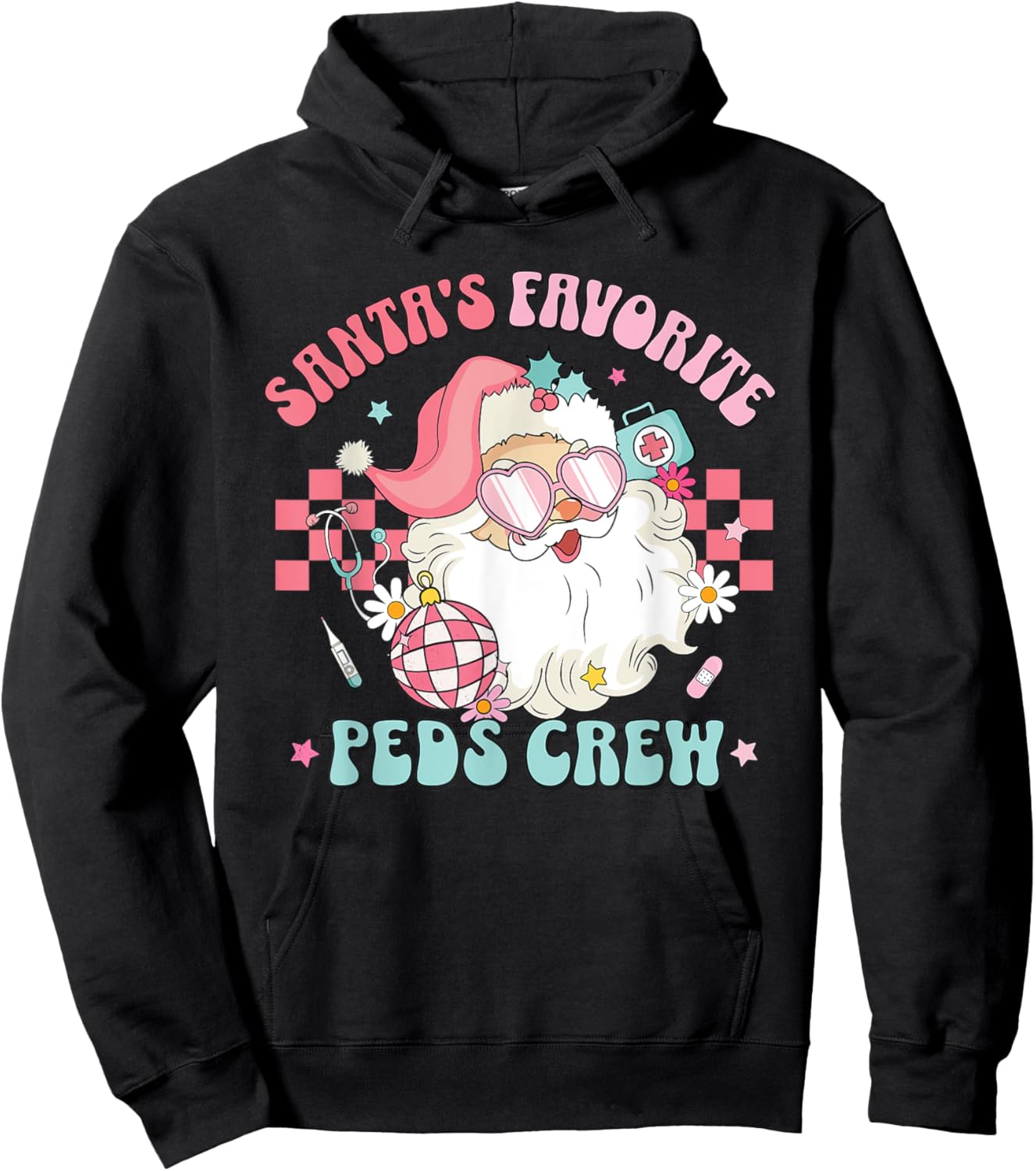 Retro Pink Christmas Santa's Favorite PEDS Nurse Pediatrics Hoodie - Hoodie | Black