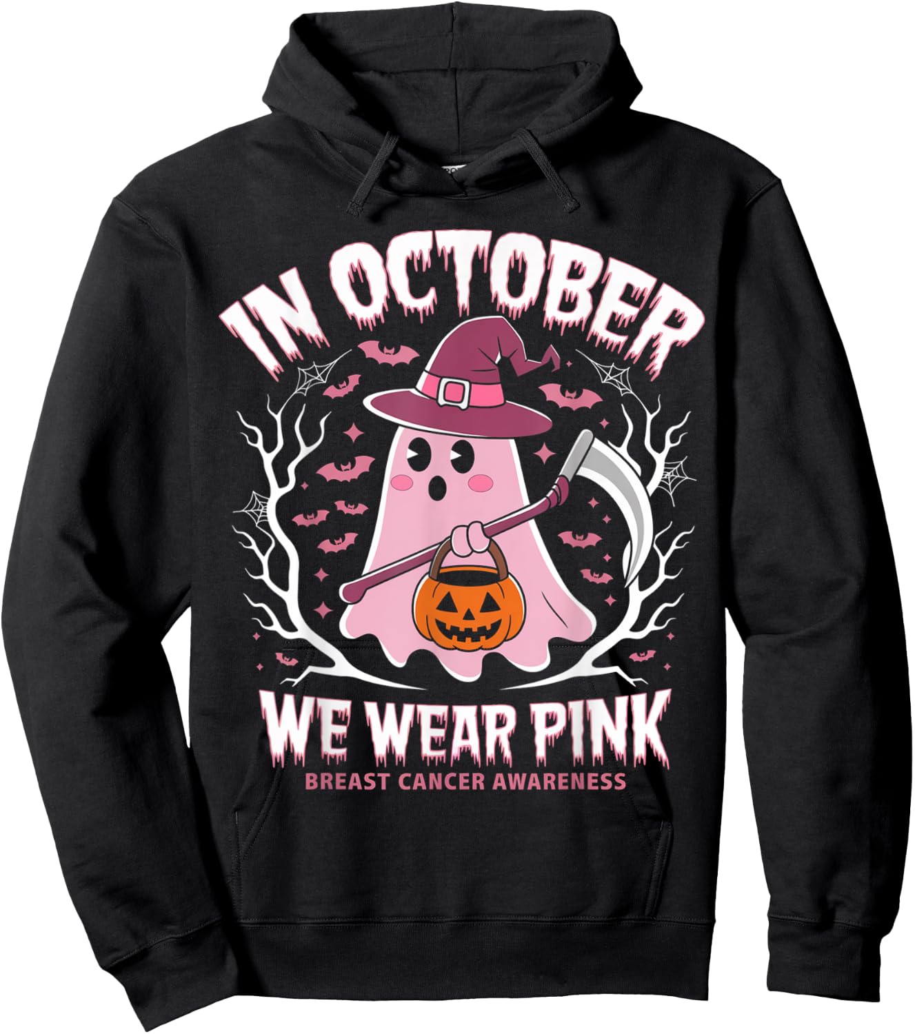 Breast Cancer Women Halloween Ghost In October We Wear Pink Hoodie - Hoodie | Black