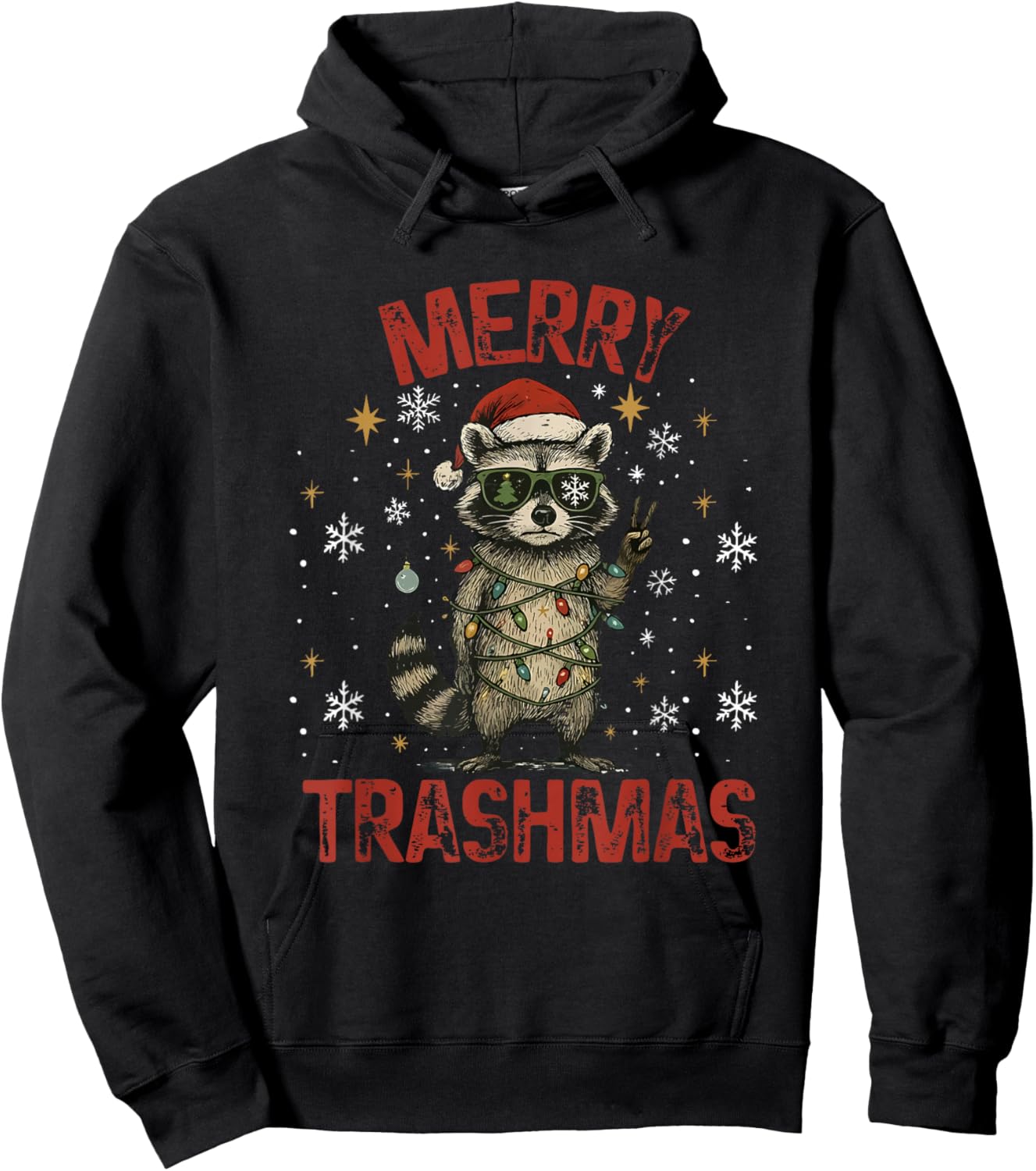 Merry Trashmas Raccoon Christmas Lights Funny Xmas Holiday Hoodie - Hoodie | Black