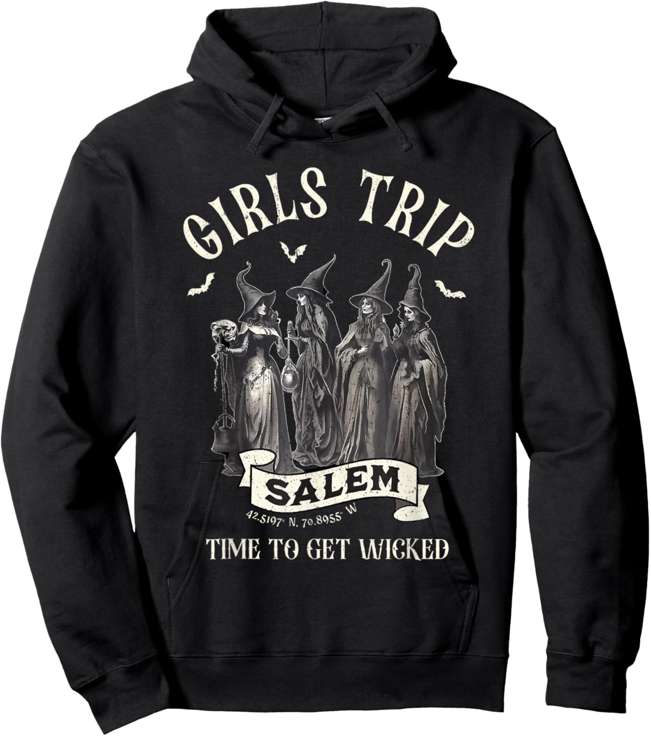 Vintage Girls Trip to Salem Time To Get Wicked Halloween Hoodie - Hoodie | Black