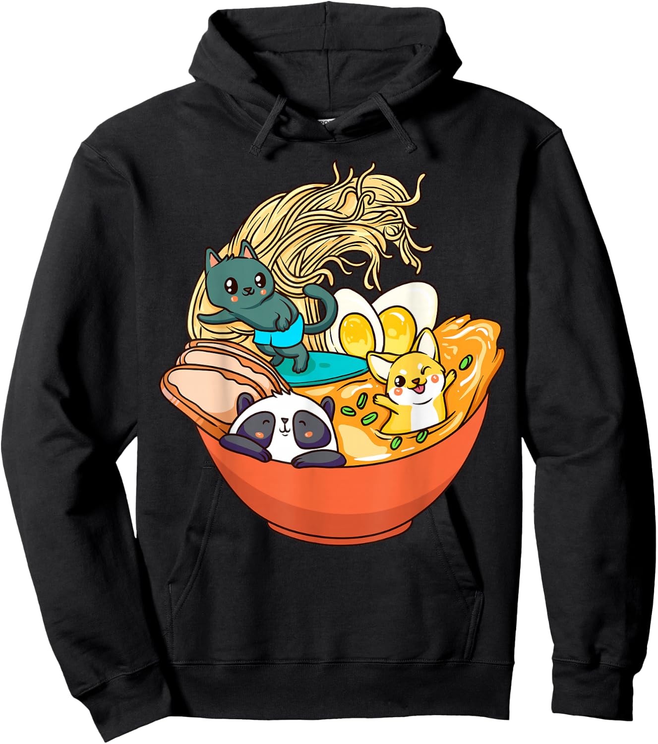 Cute Kawaii Cat Ramen Bowl Japanese Anime Panda Dog Noodle Hoodie - Hoodie | Black