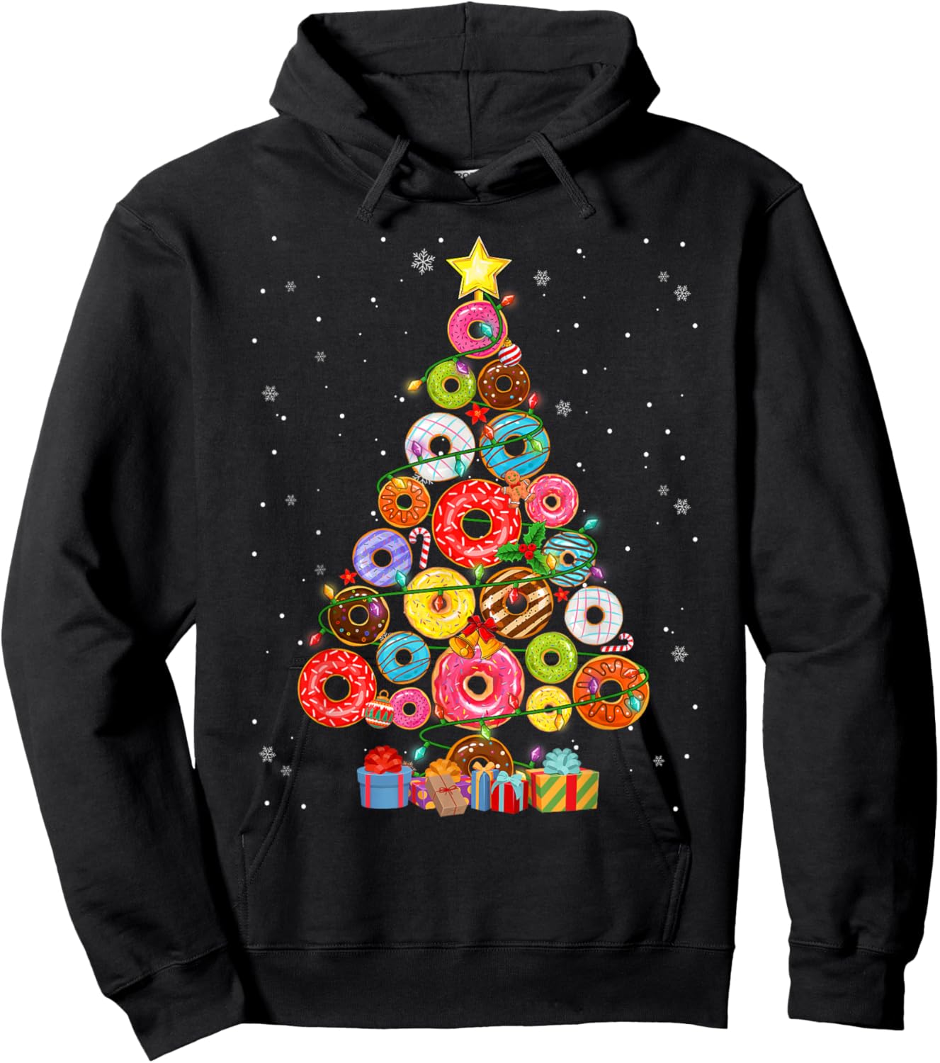 Funny Donuts Christmas Tree Lights Xmas PJS Boys Kids Girls Hoodie - Hoodie | Black