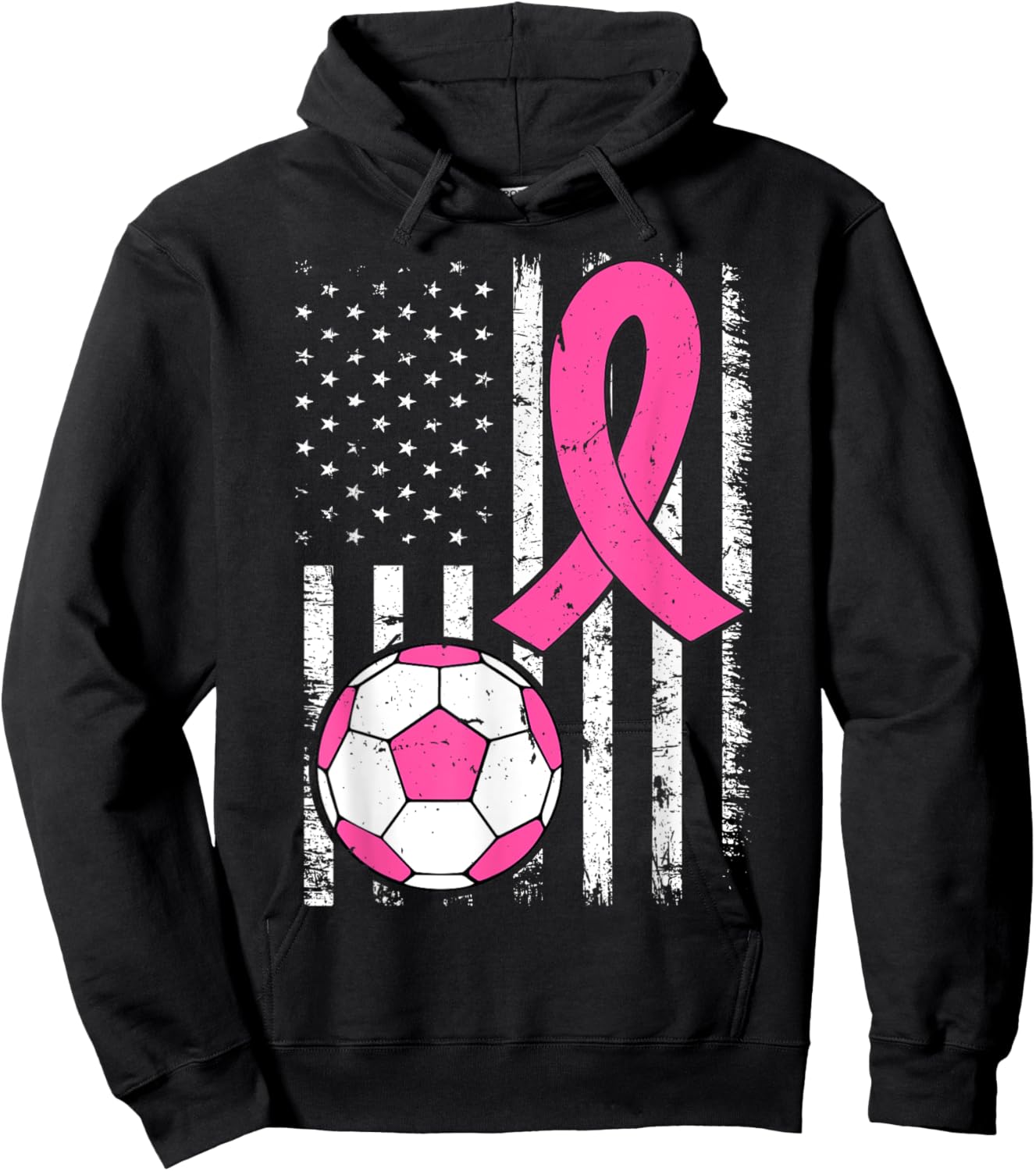 Soccer Ball Ribbon US Flag Breast Cancer Awareness Pink Hoodie - Hoodie | Black