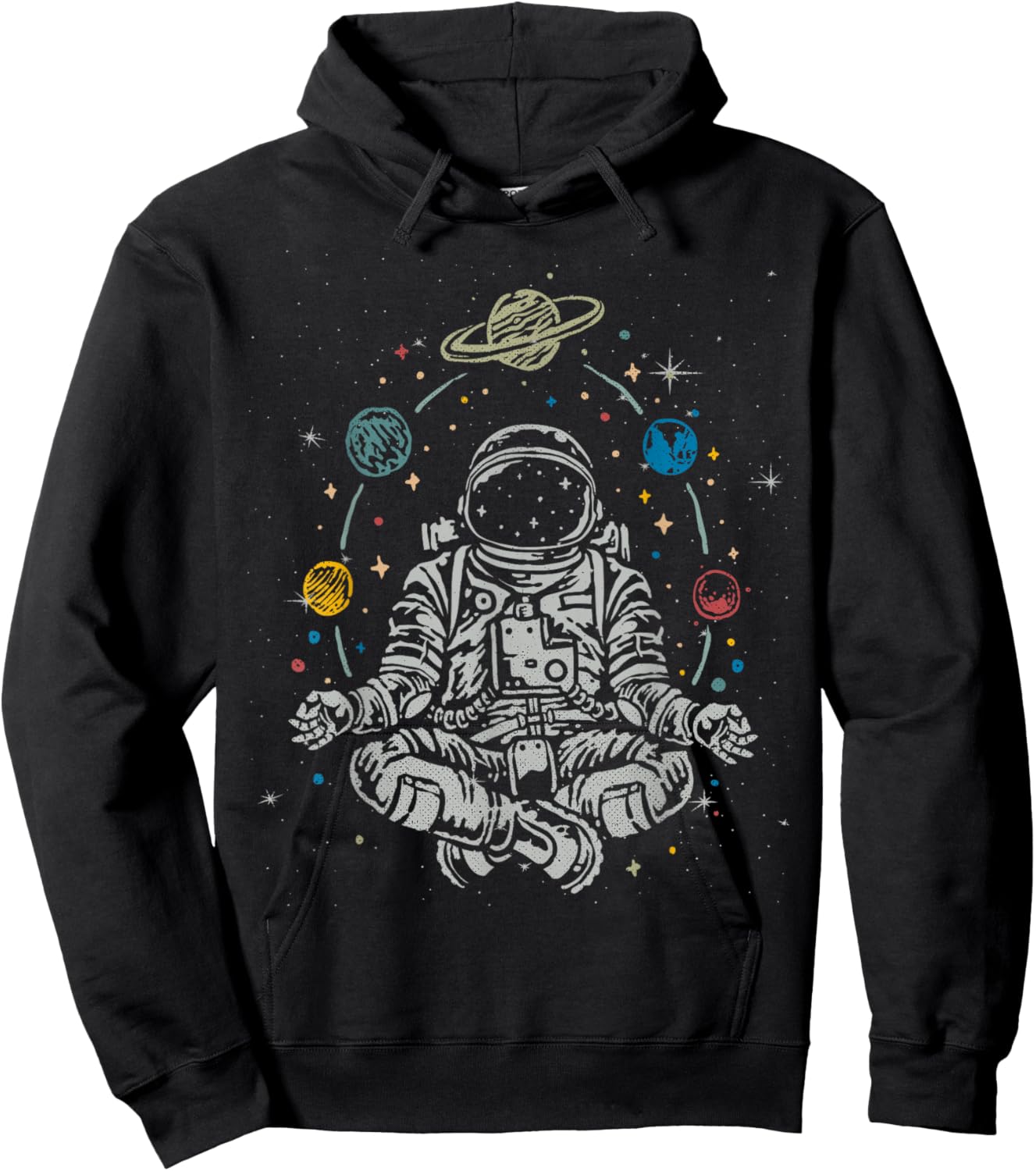 Vintage Lotus Meditating Astronaut Zen Yoga Planets Universe Hoodie - Hoodie | Black