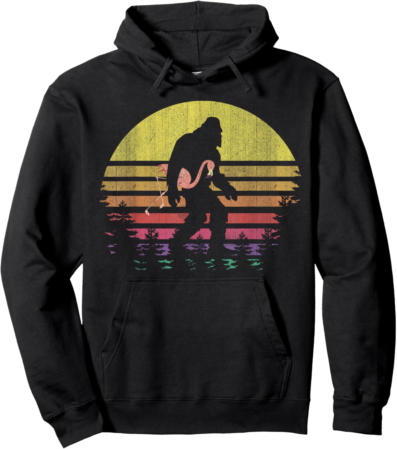 Bigfoot Flamingo Yeti Sasquatch Vintage Sunset Hoodie - Hoodie | Black