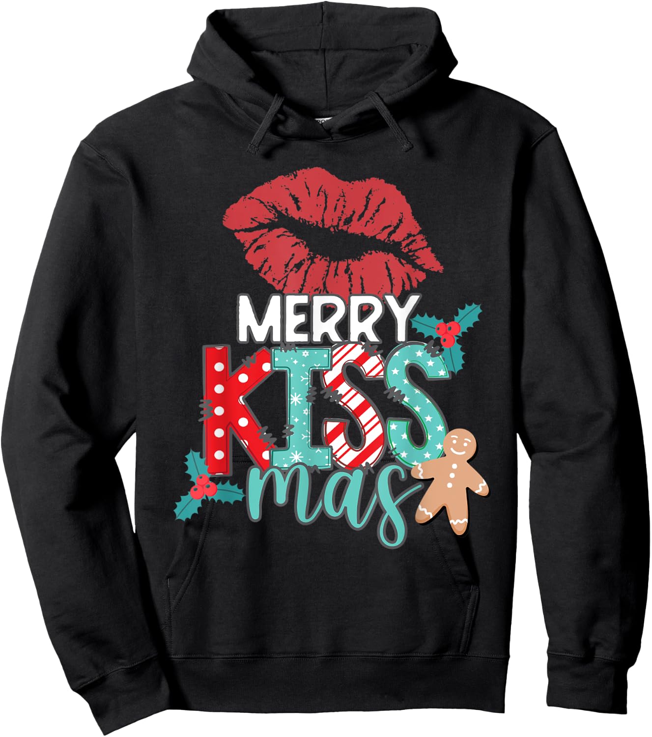 MERRY KISS-MAS Christmas Red Lips Holiday Kisses Love Xmas Hoodie - Hoodie | Black