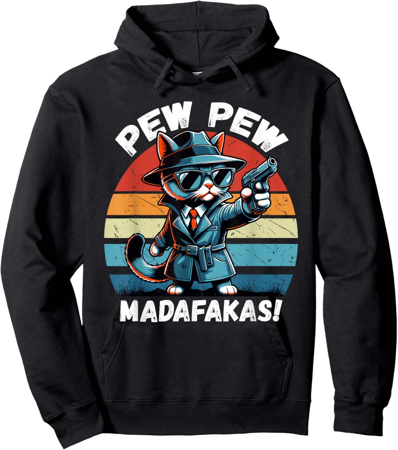 Pew Pew Madafakas Retro Vintage Funny Crazy Detective Cat Hoodie - Hoodie | Black