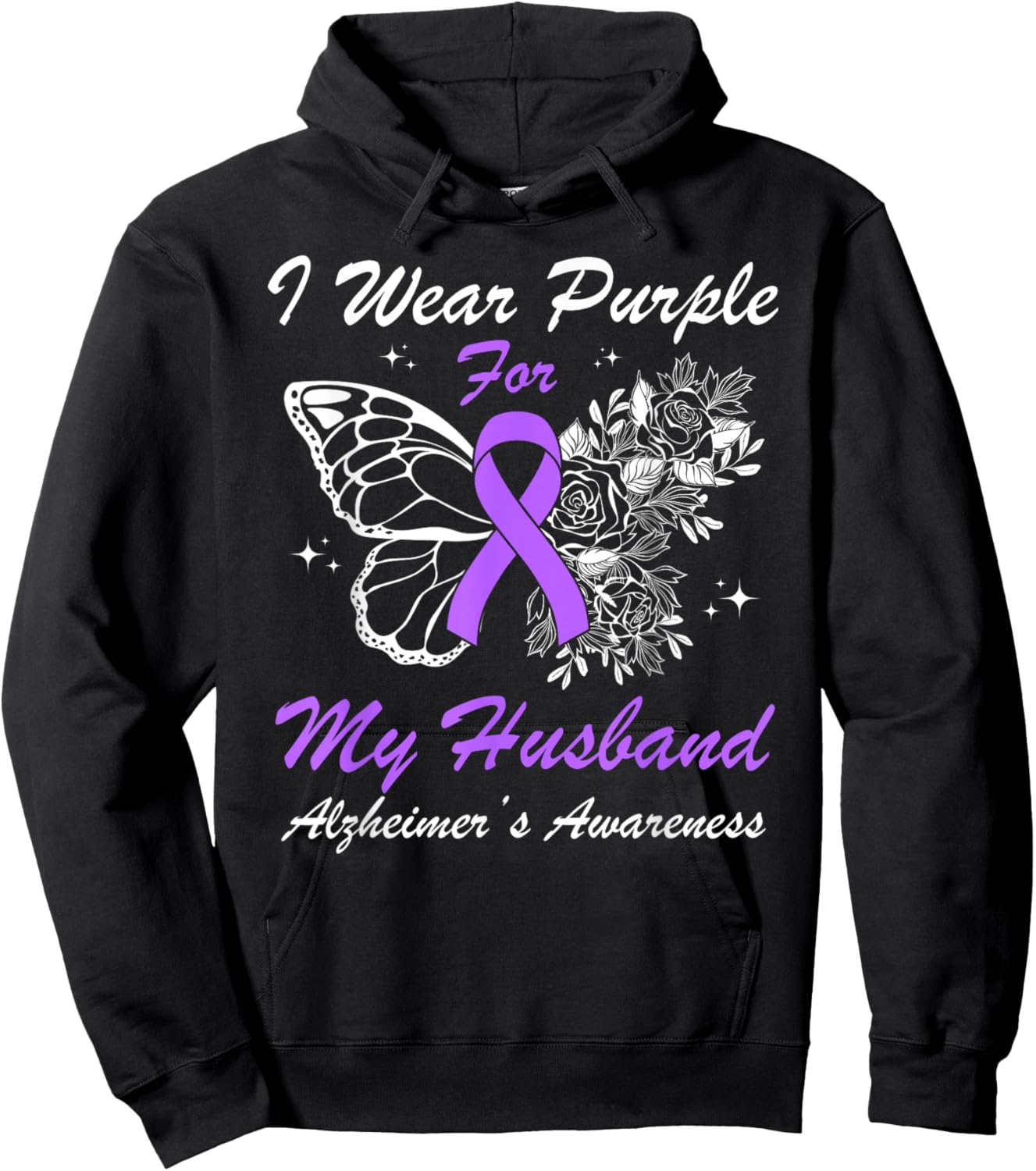 I Wear Purple For My Husband Alzheimer's Awareness Butterfly Hoodie - Hoodie | Black