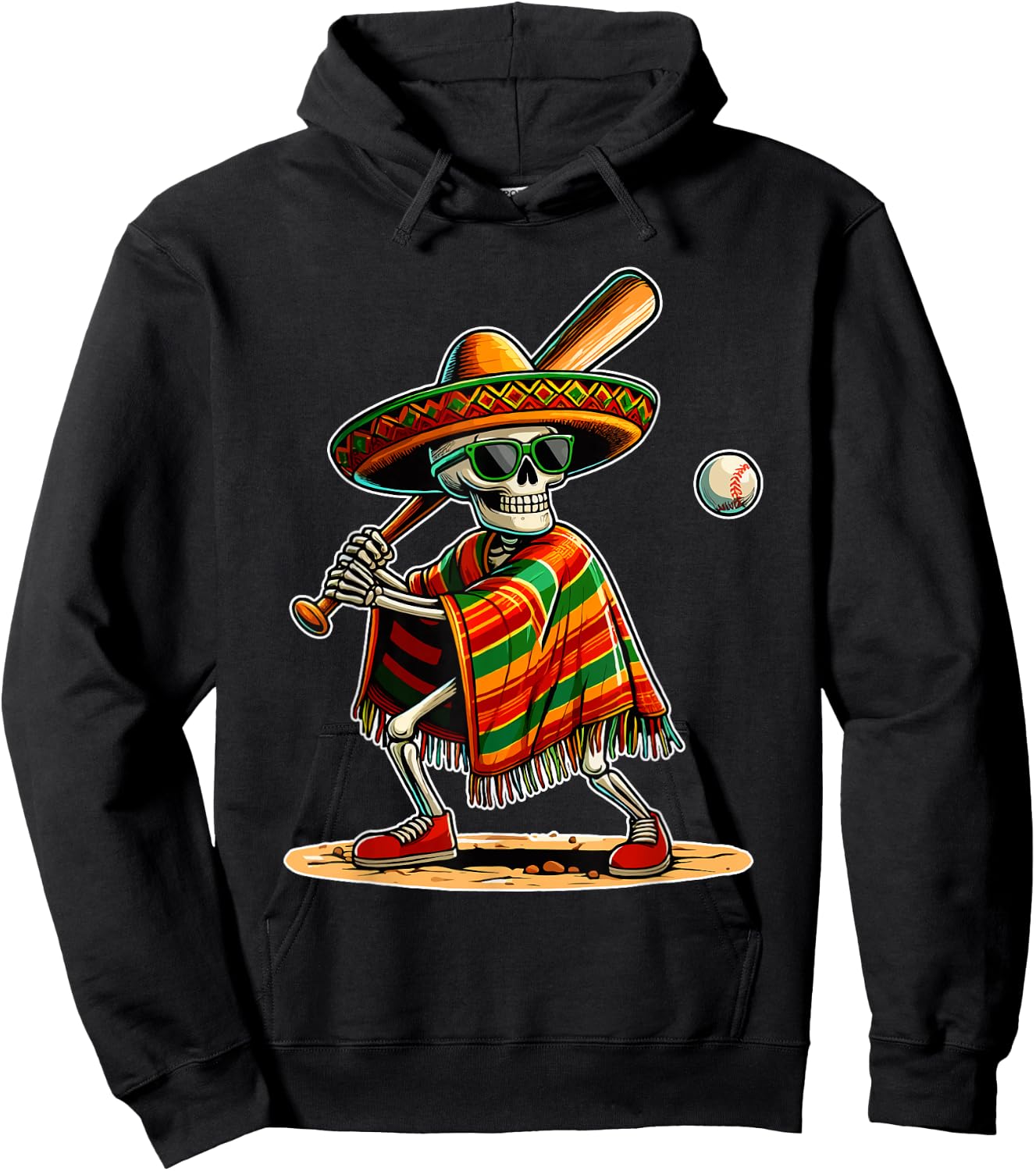 Baseball Skeleton Mexican Sombrero Cinco De Mayo Hoodie - Hoodie | Black