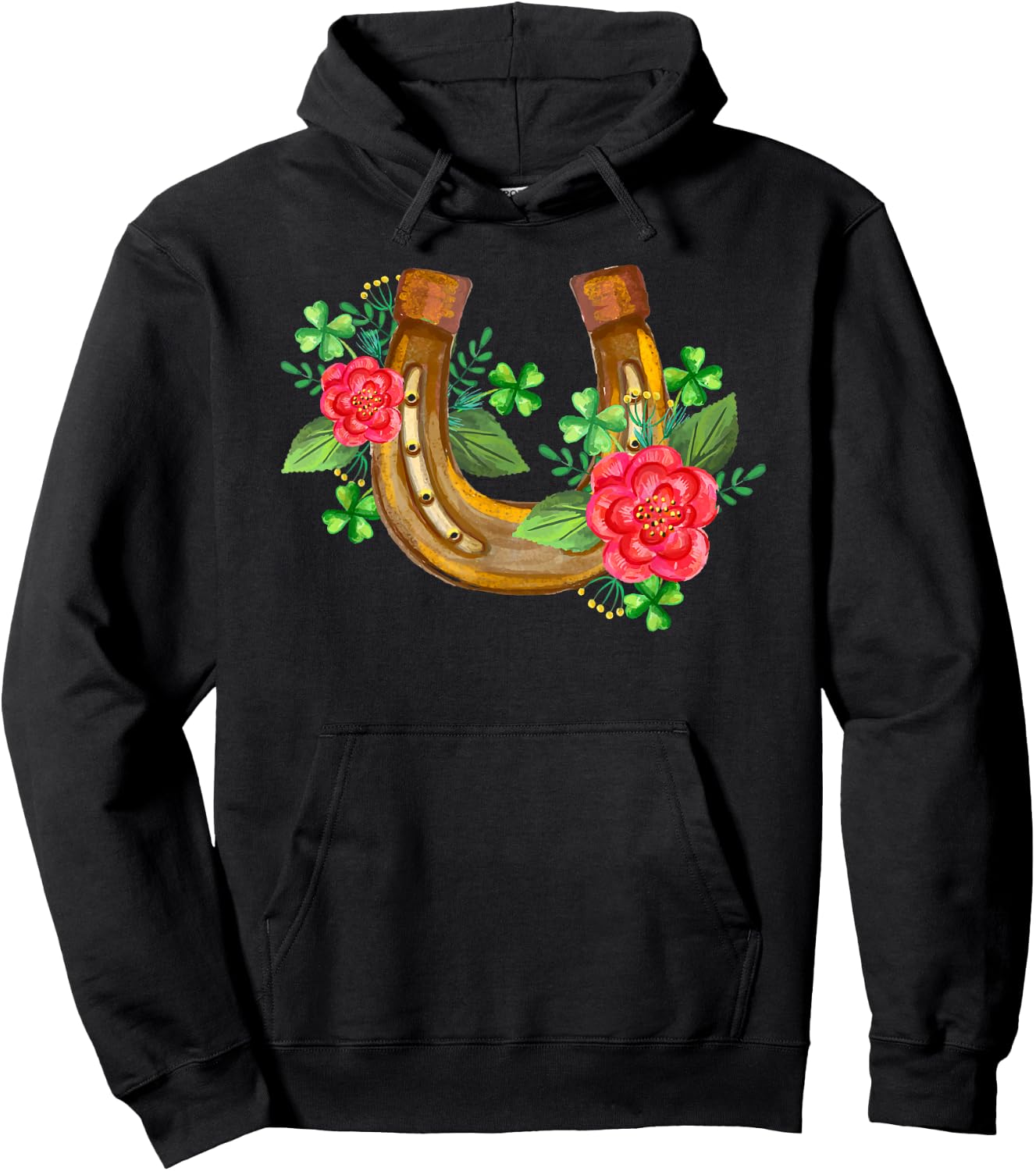 Good Luck Horseshoe Shamrock Horse Lover St. Patrick's Day Hoodie - Hoodie | Black