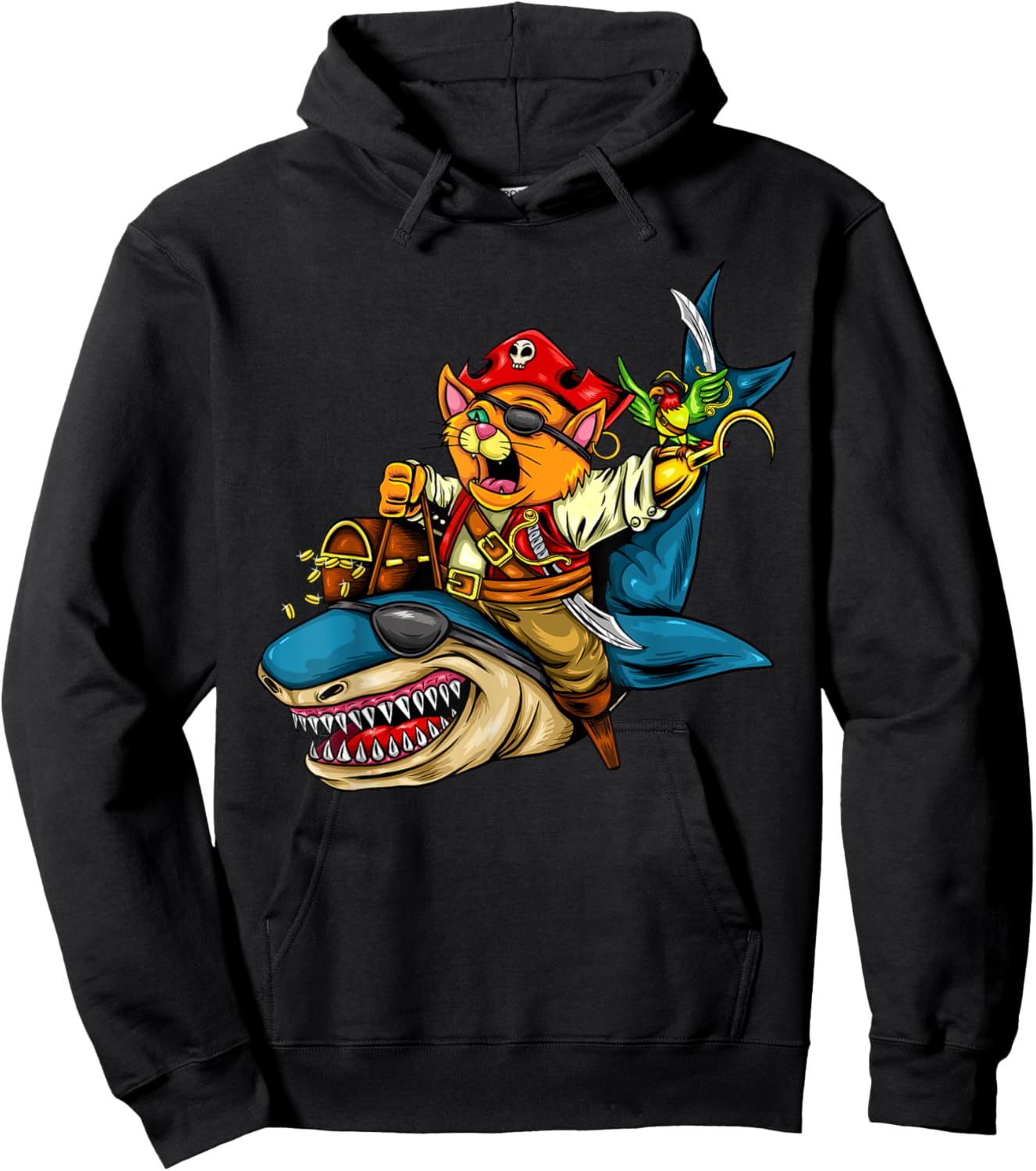 Pirate Cat Riding Pirate Shark Halloween Women Kids Hoodie - Hoodie | Black