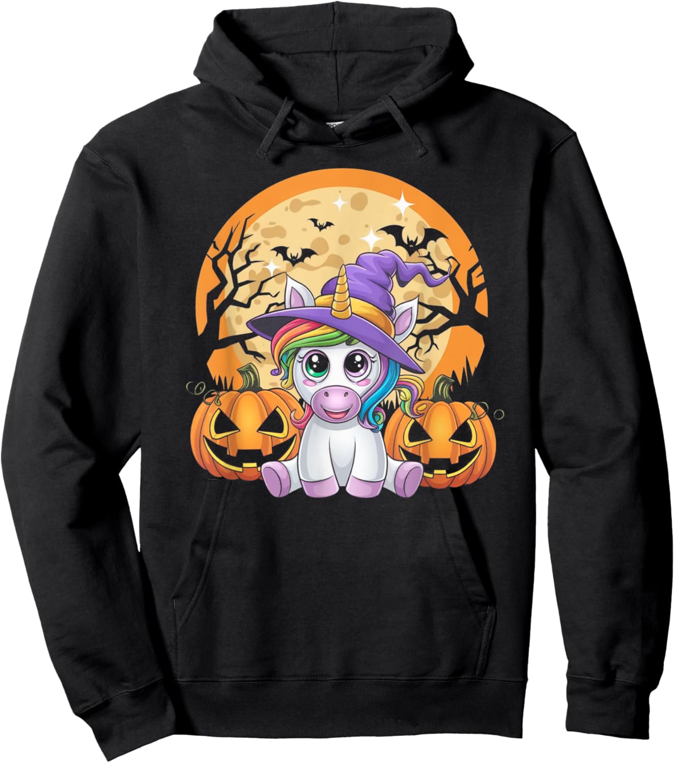 Cute Unicorn with Pumpkins Halloween 2024 for Girls & Women Hoodie - Hoodie | Black