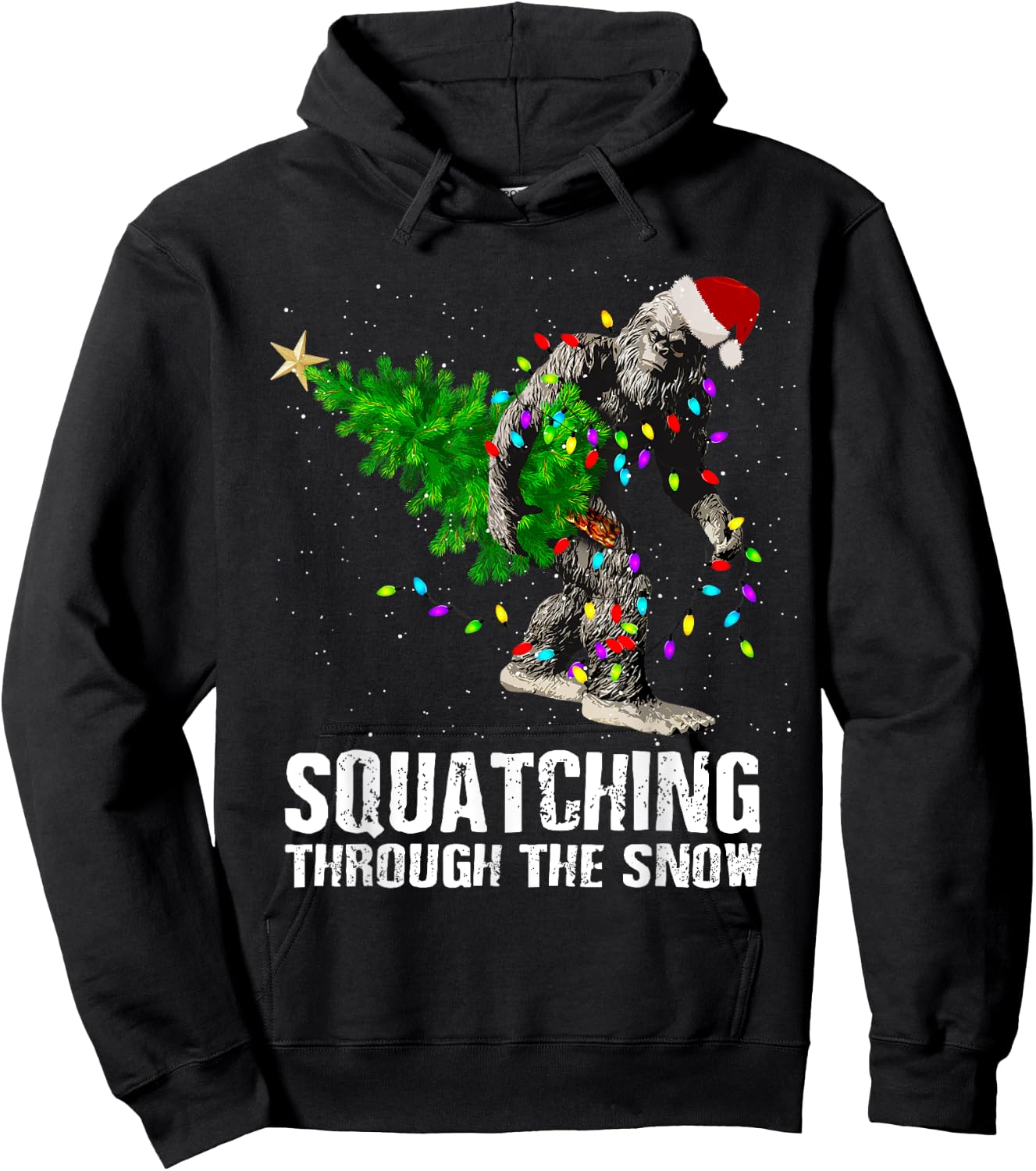 Bigfoot Squatching Through the Snow Christmas Tree T Shirt Hoodie - Hoodie | Black