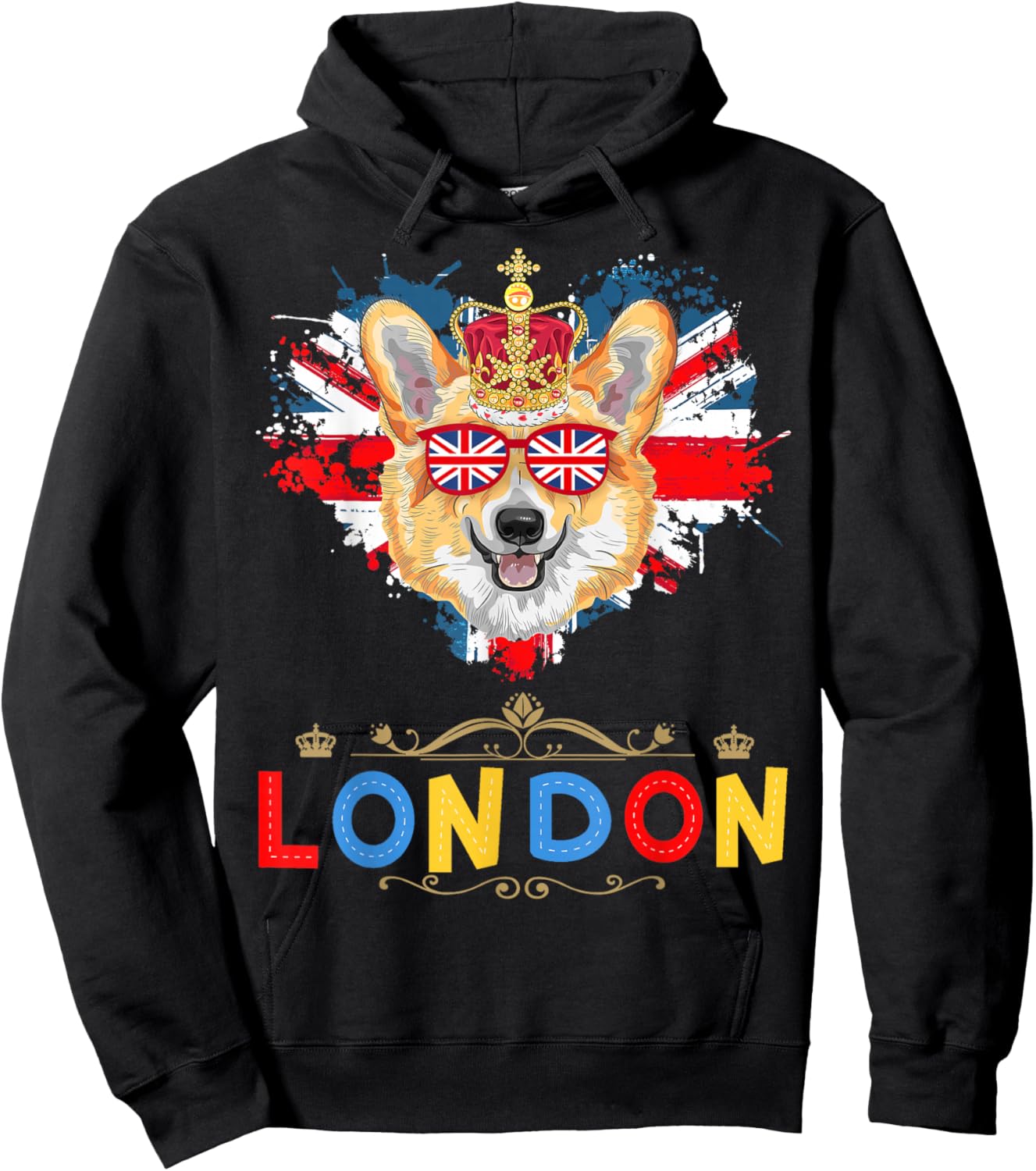 London Souvenirs Idea Kids With Corgi & British Memorabilia Hoodie - Hoodie | Black