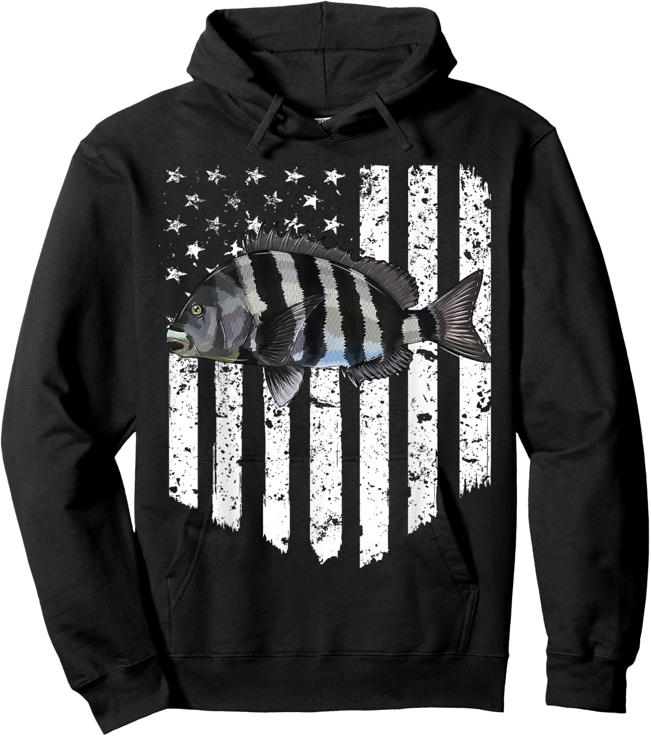 Black White American Flag Sheepshead 4th Of July Fish Hoodie - Hoodie | Black
