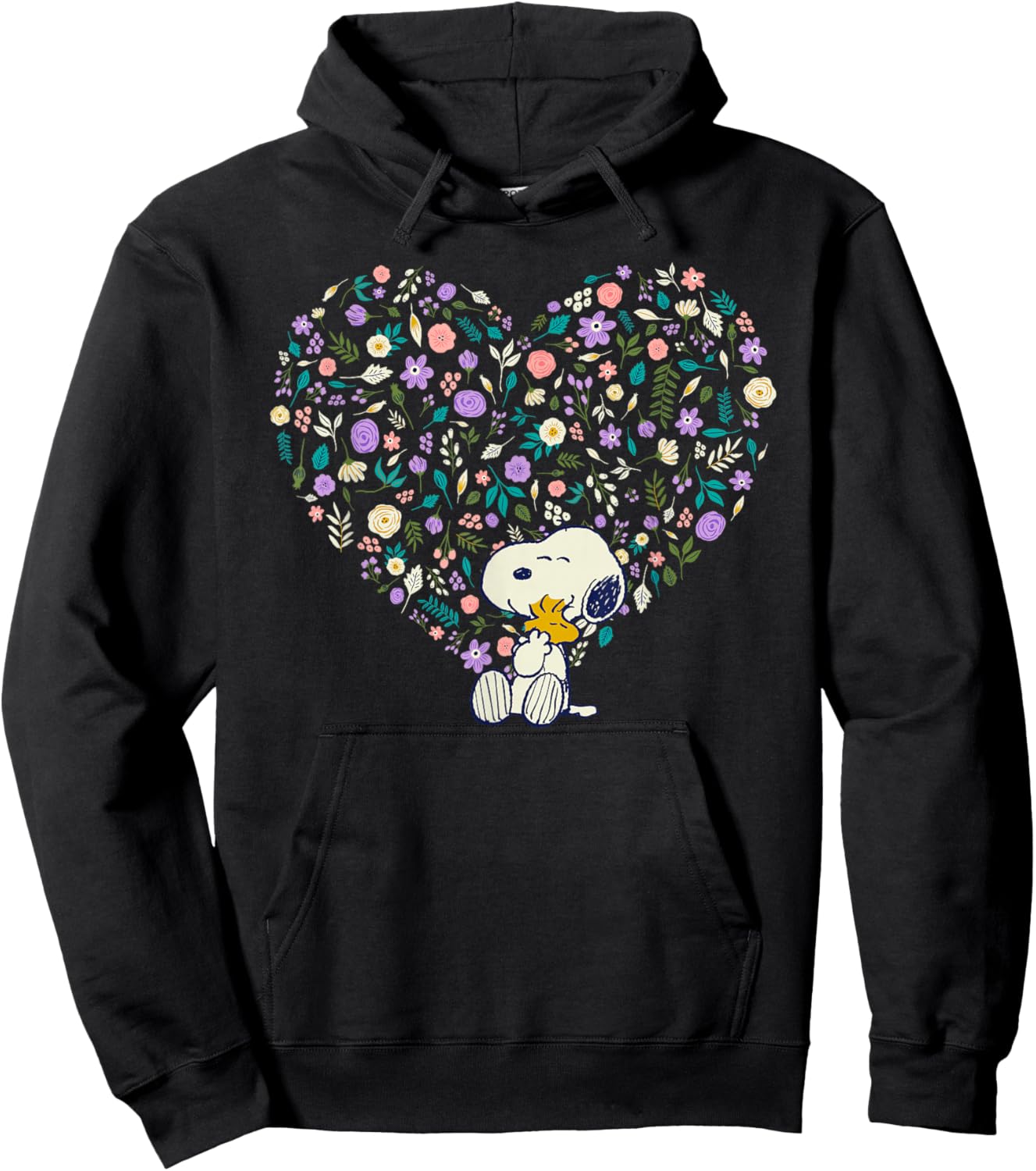 Peanuts Snoopy & Woodstock Hug Floral Heart Hoodie - Hoodie | Black