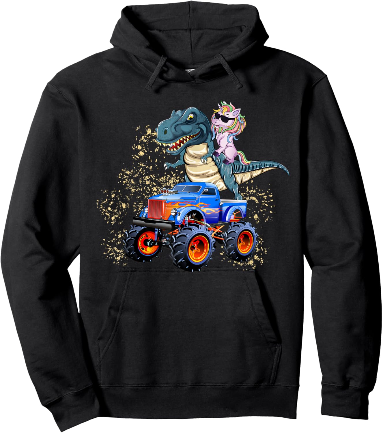 Unicorn Riding T rex Monster Truck Boys Girls Unicorn Hoodie - Hoodie | Black