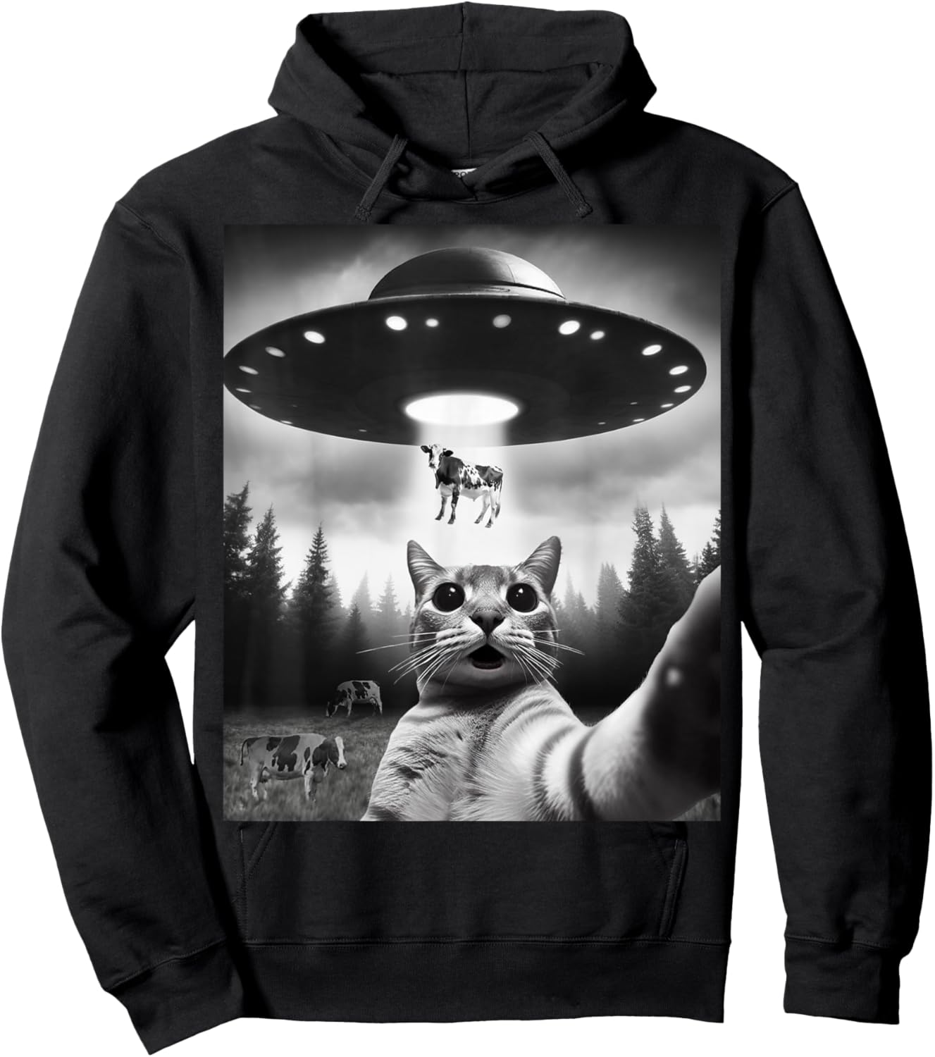 Funny Cat Selfie Flying Alien UFO Abducting Cow Cryptid Men Women Girls Kids Hoodie - Hoodie | Black