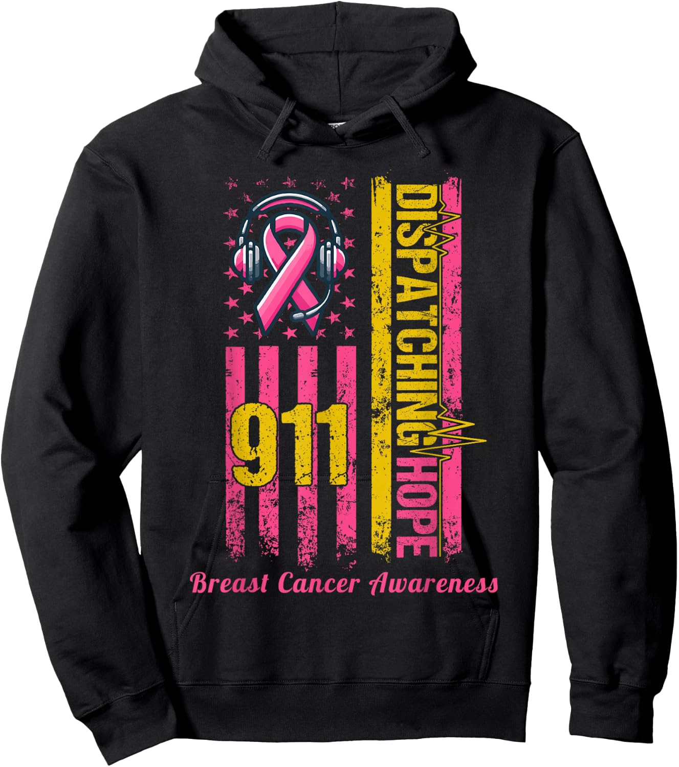 911 Dispatcher Breast Cancer Awareness American Flag Hoodie - Hoodie | Black