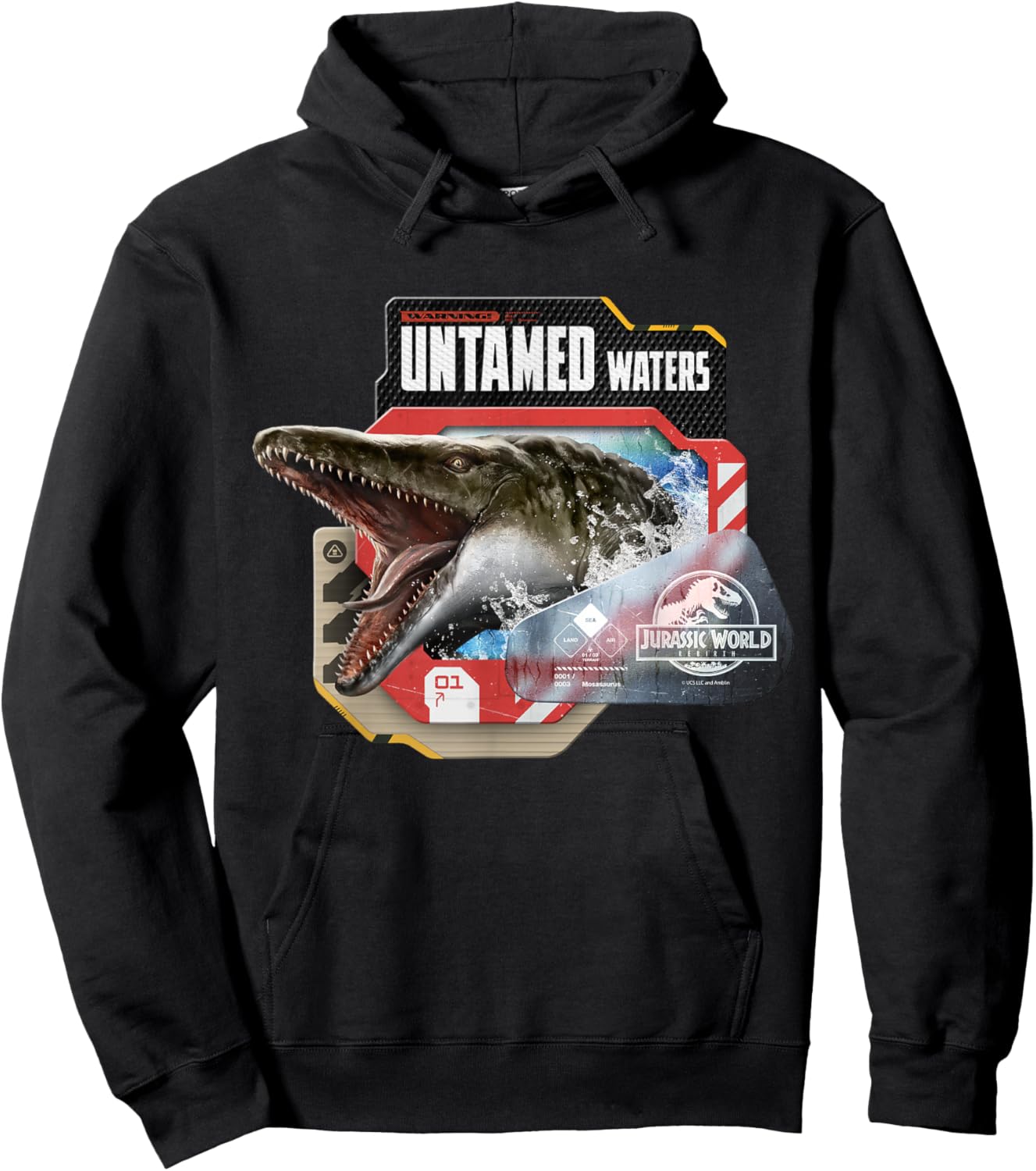 Jurassic World Rebirth Warning Untamed Waters Mosasaurus Hoodie - Hoodie | Black