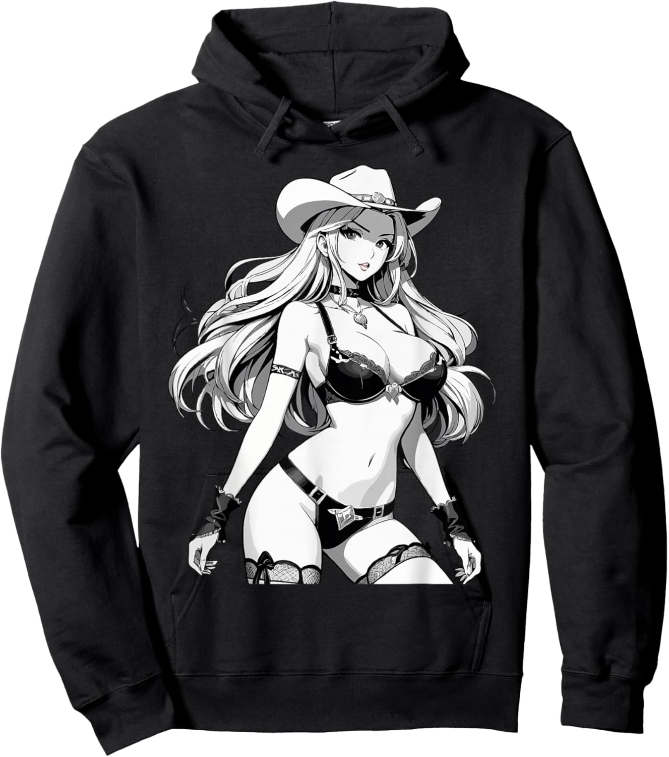 Sexy Waifu Anime Cowgirl Japanese in Black and White Art Hoodie - Hoodie | Black