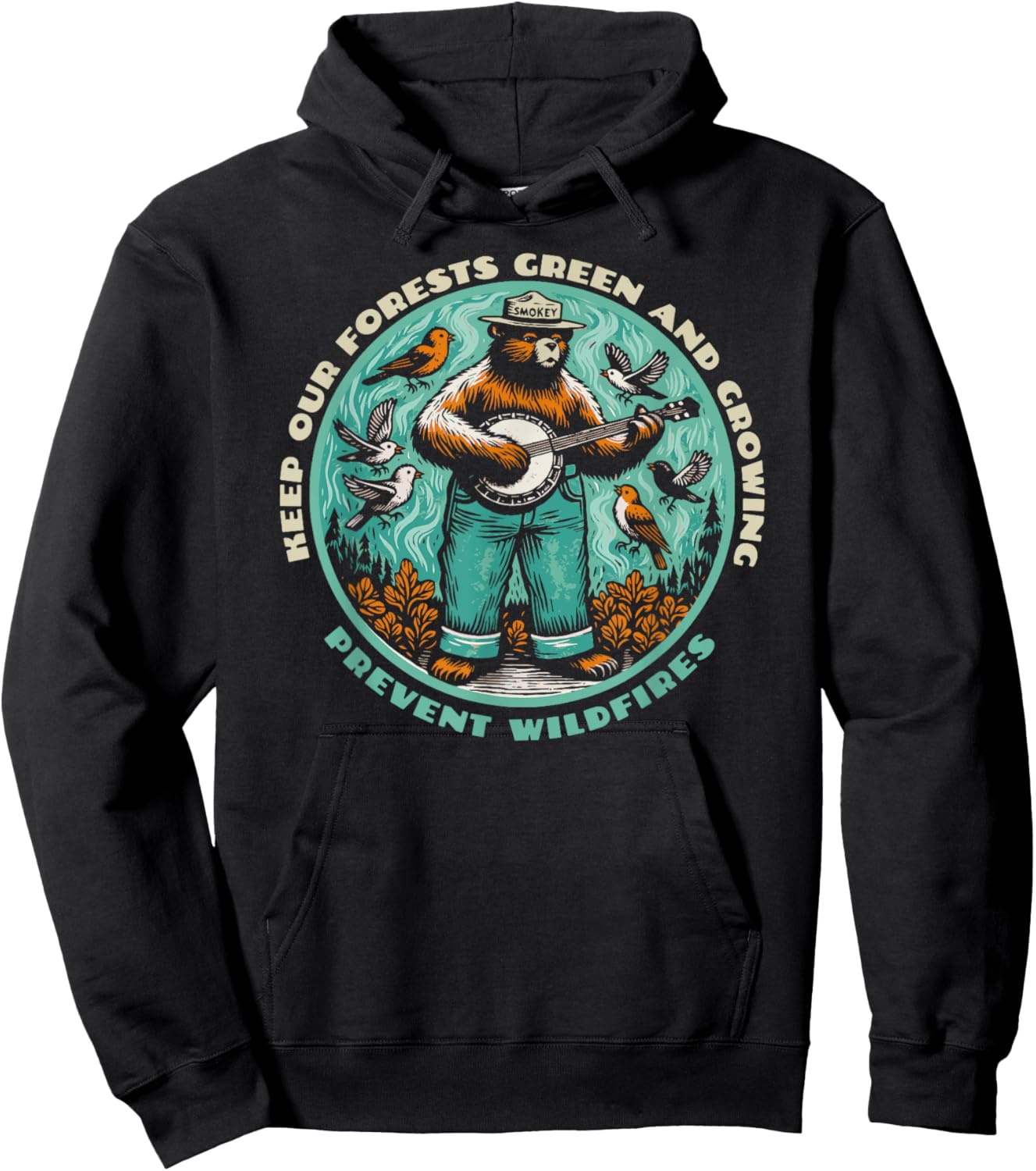 Prevent Wildfires Smokey Bear, Banjo & Birds Hoodie - Hoodie | Black
