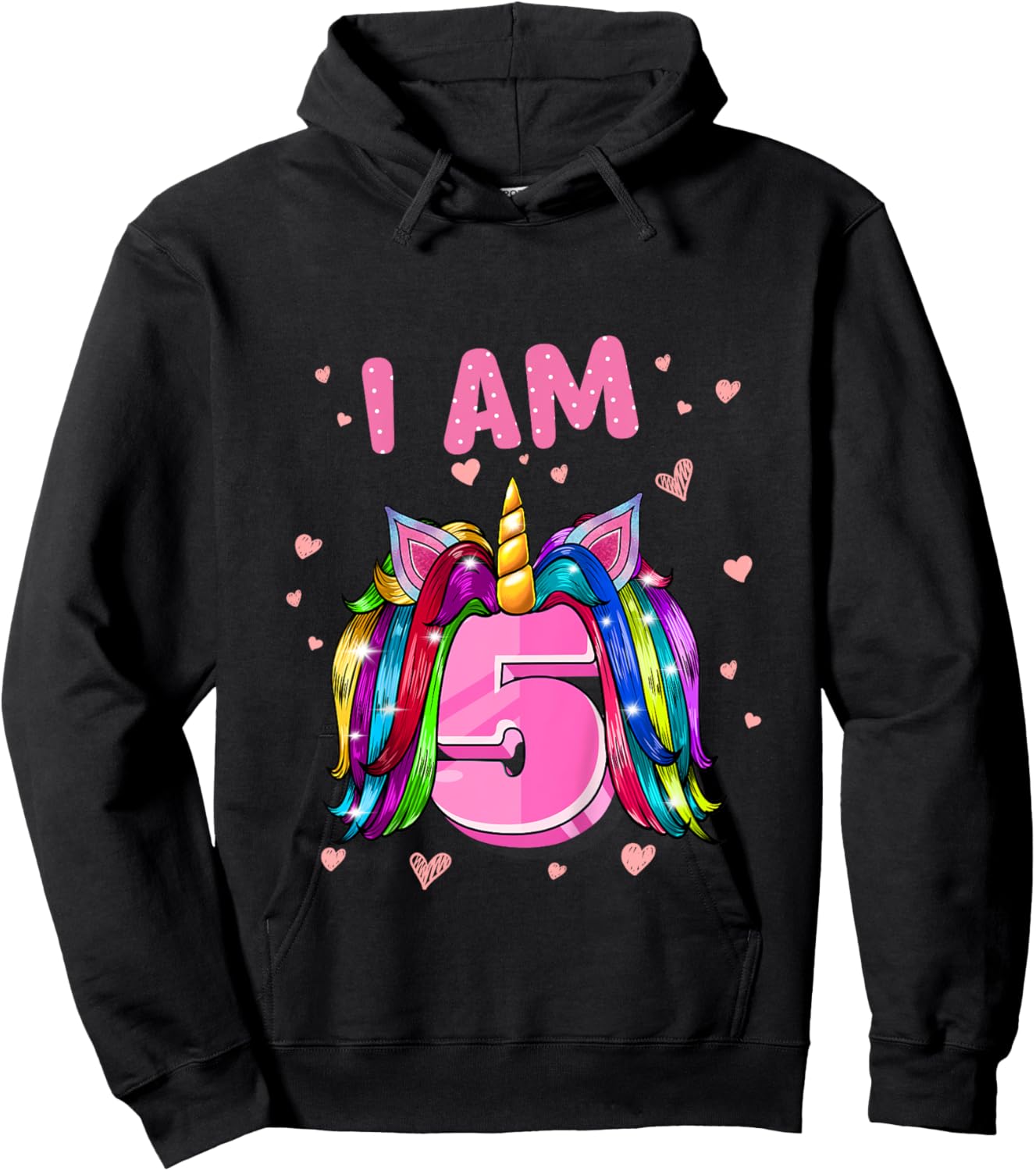 Girl 5th Birthday Unicorn I Am 5 Hoodie - Hoodie | Black