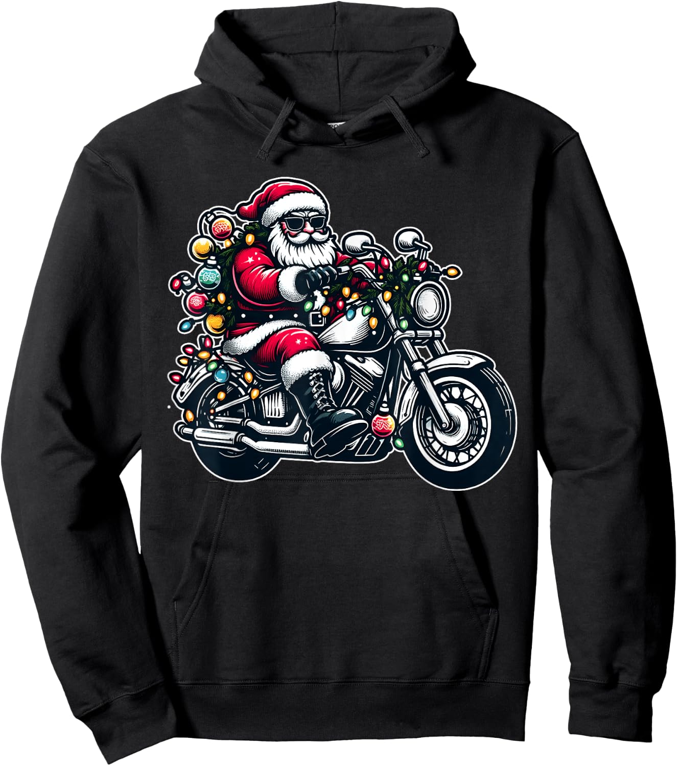 Santa Claus on Motorcycle Funny Biker Christmas Xmas Lights Hoodie - Hoodie | Black