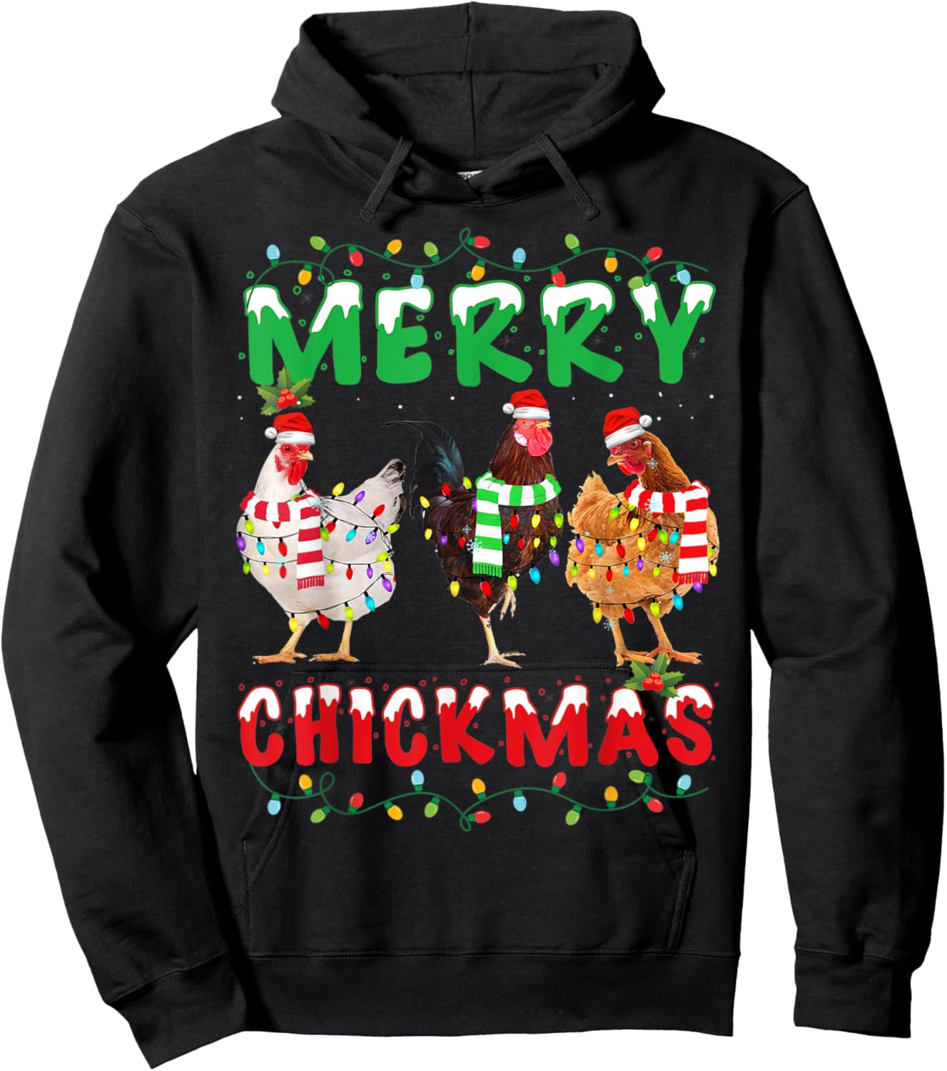 Merry Christmas Chicken Shirt Santa Hat Lights Funny Gift Hoodie - Hoodie | Black