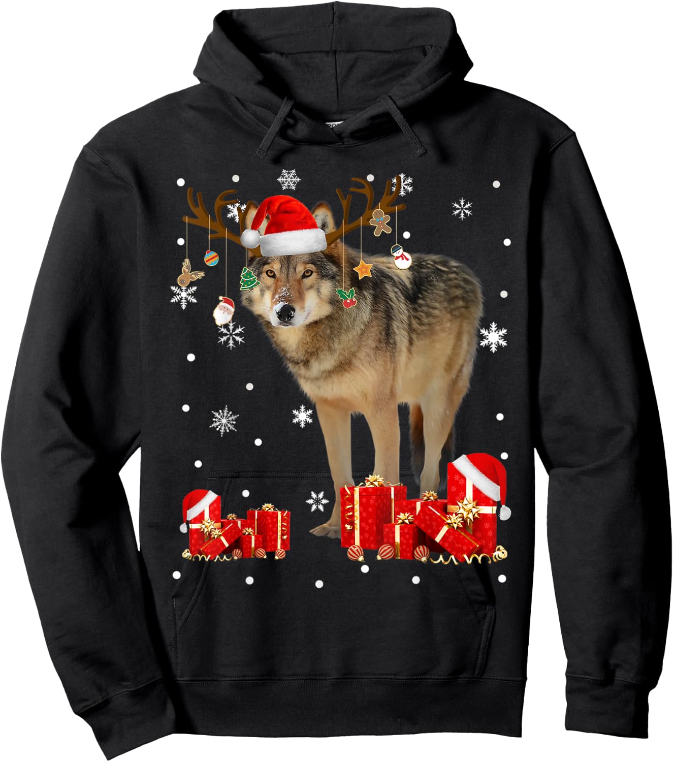 Christmas Wolf Funny Santa Reindeer Wolf Lover Gifts Hoodie - Hoodie | Black