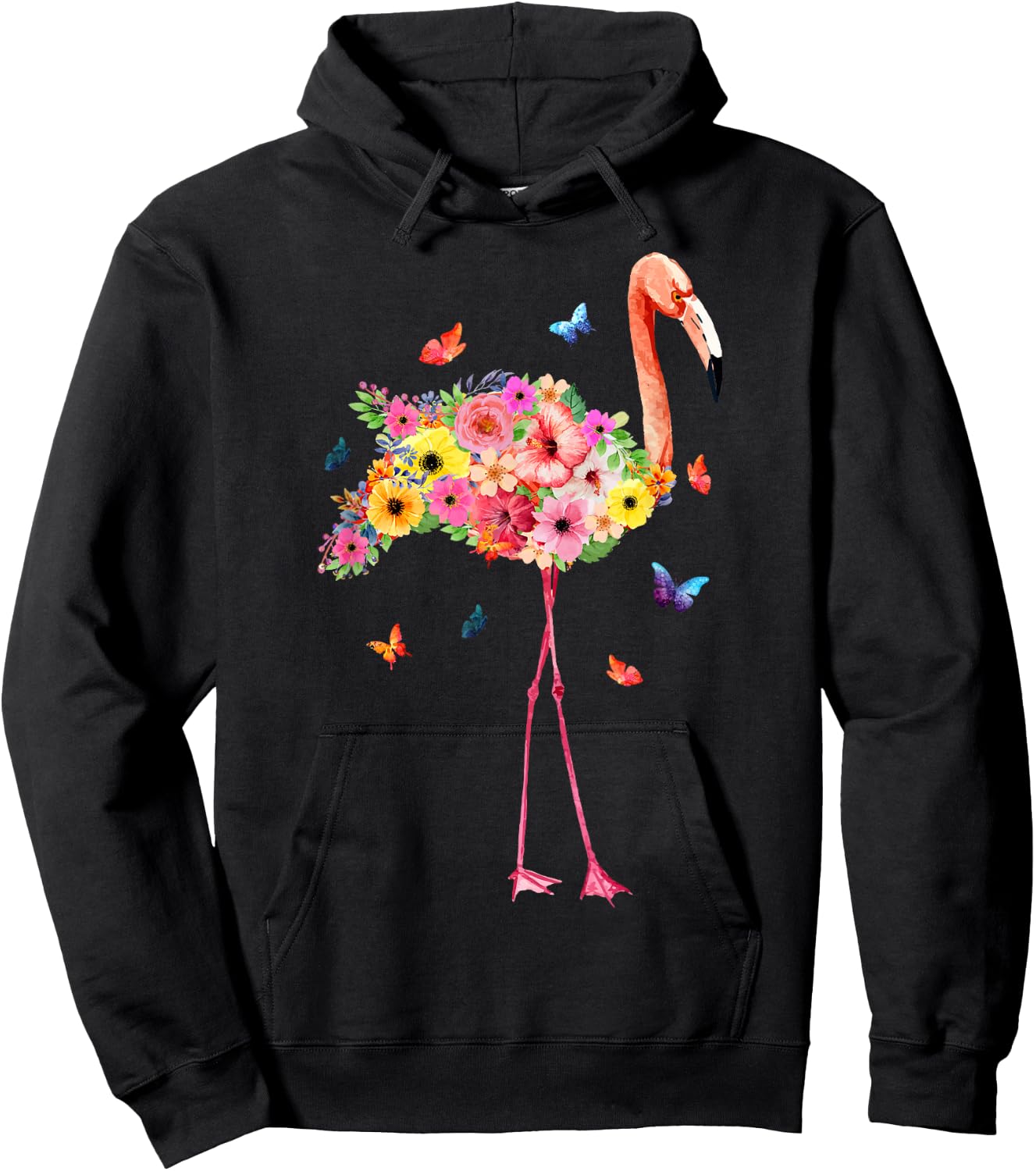 Pink Flamingo Watercolor Tropical Hawaiian Flowers Floral Hoodie - Hoodie | Black