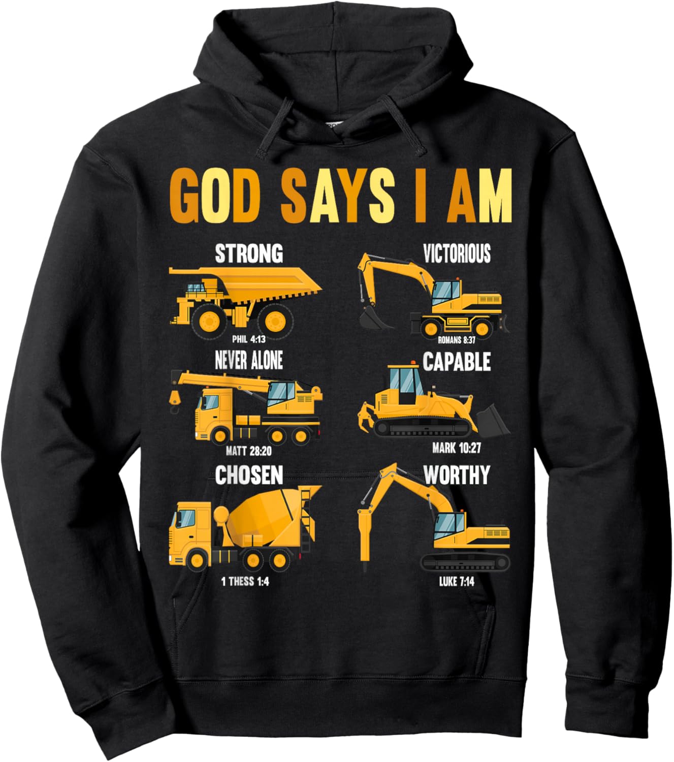 Toddler Kids God Says I Am Construction Bible Verse Truck Hoodie - Hoodie | Black