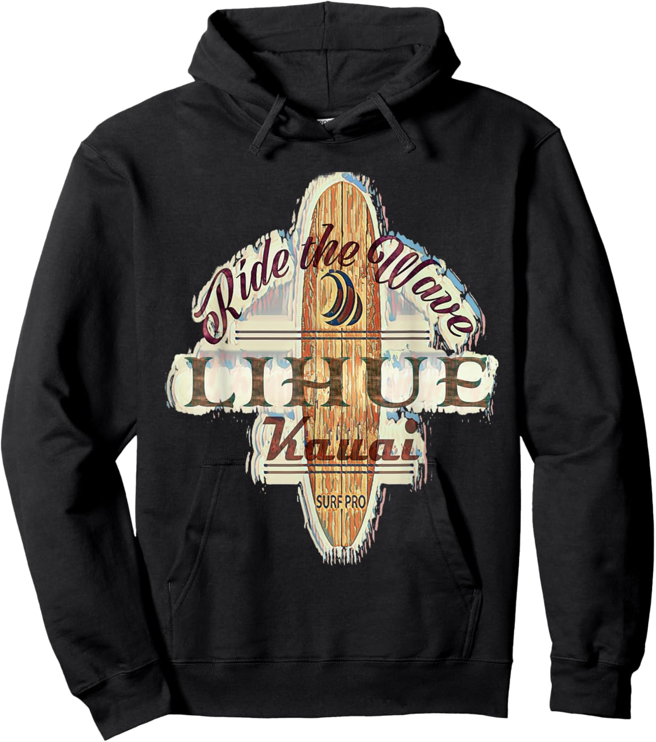 Surfing, Surfboard, Distressed Longboard Lihue Kauai Hoodie - Hoodie | Black