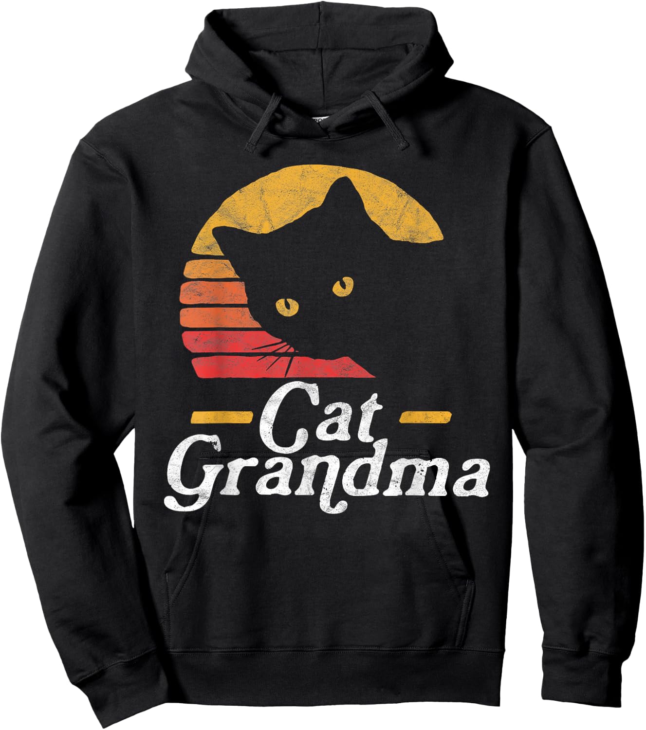 Cat Grandma Vintage Eighties Style Sun Cat Retro Distressed Hoodie - Hoodie | Black